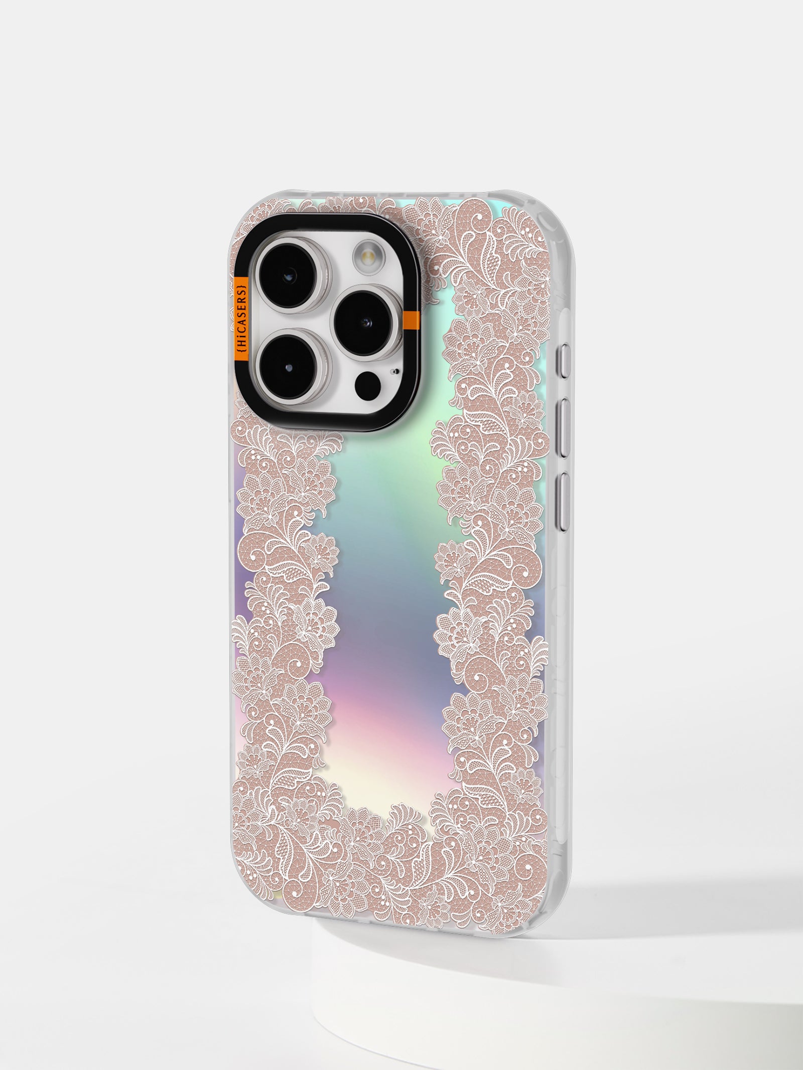 Graceful Me Lace Frame Iridescent Mirror Case - Elegant Pink Phone Cover for iPhone & Samsung | Perfect for Weddings, Parties & Special Occasions