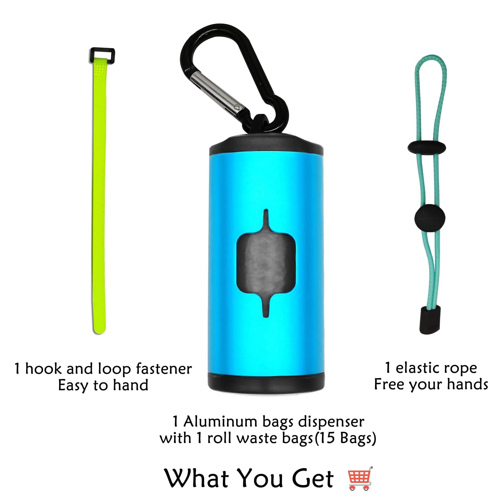 **Eco-Friendly Aluminum Dog Poop Bag Holder with Carabiner – Metal Pet Waste Dispenser with Hook & Loop Fastener & Elastic Cord – Includes 15 Bags (Blue) – Perfect for Walking, Hiking & Travel**