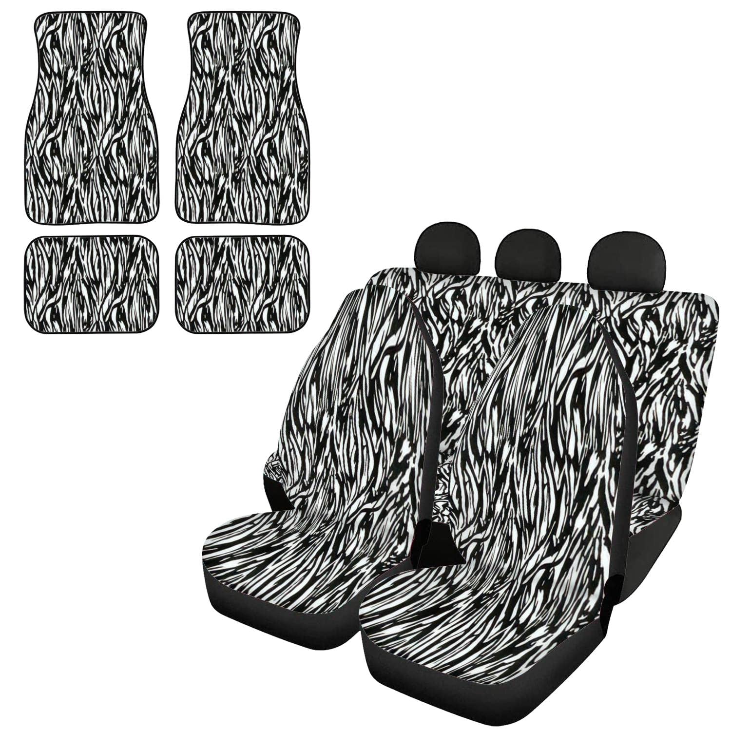 Premium Zebra Print Car Seat Covers Full Set - 4-Piece Car Floor Mats, Front & Rear Seat Protectors, Headrest Covers - Universal Fit for Most Vehicles | Stylish Auto Interior Decor for SUVs, Sedans, Trucks & Road Trips