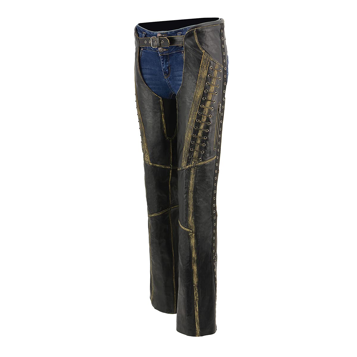 Premium Milwaukee Leather Chaps for Women - Black Motorcycle Riding Pants with Skin-Rubbed Seams & Lace Detailing (MLL6527) - Perfect for Harley Davidson & Cruiser Bike Riders