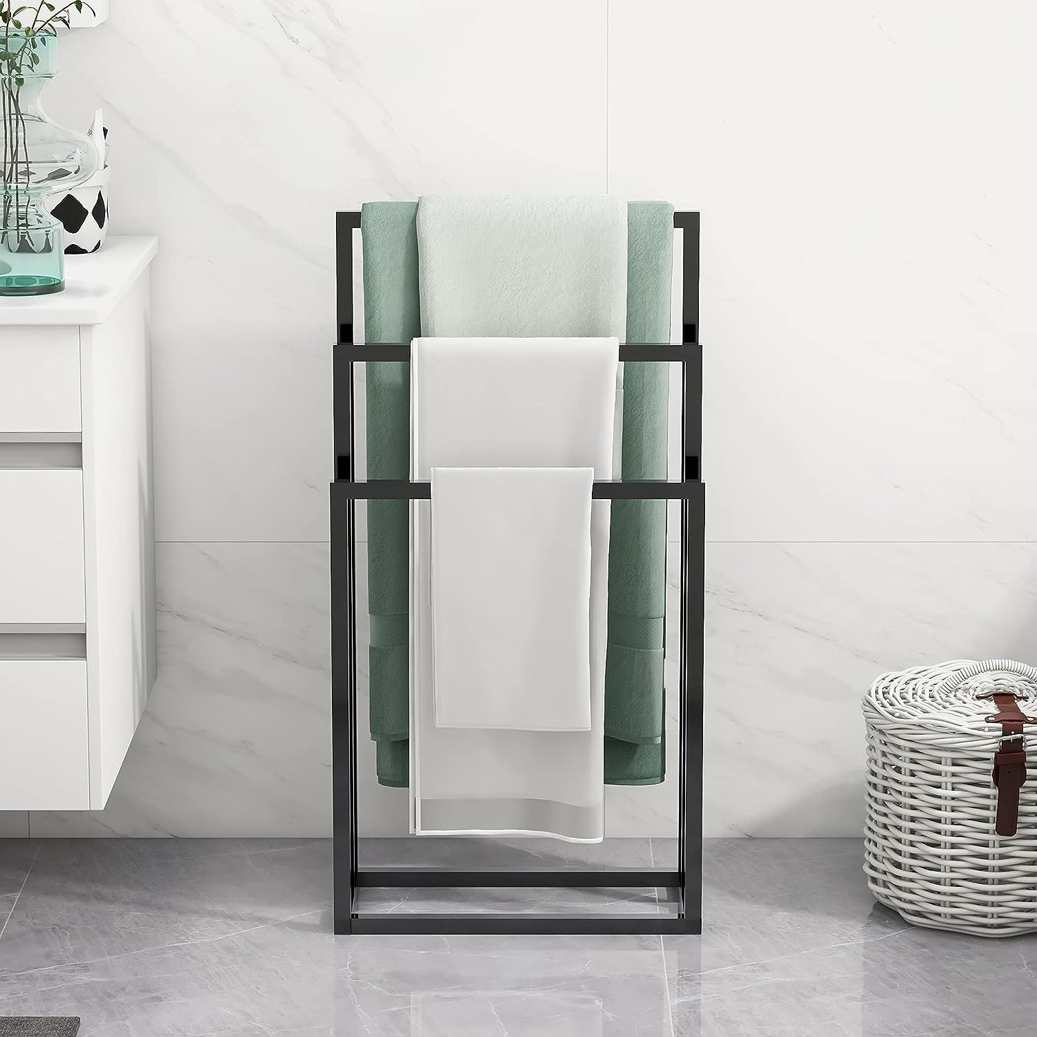 Stainless Steel Standing Towel Rack - Modern Bathroom Towel Holder & Storage Shelf for Hand, Bath & Kitchen Towels - Space-Saving Organizer for Small Bathrooms & Laundry Rooms