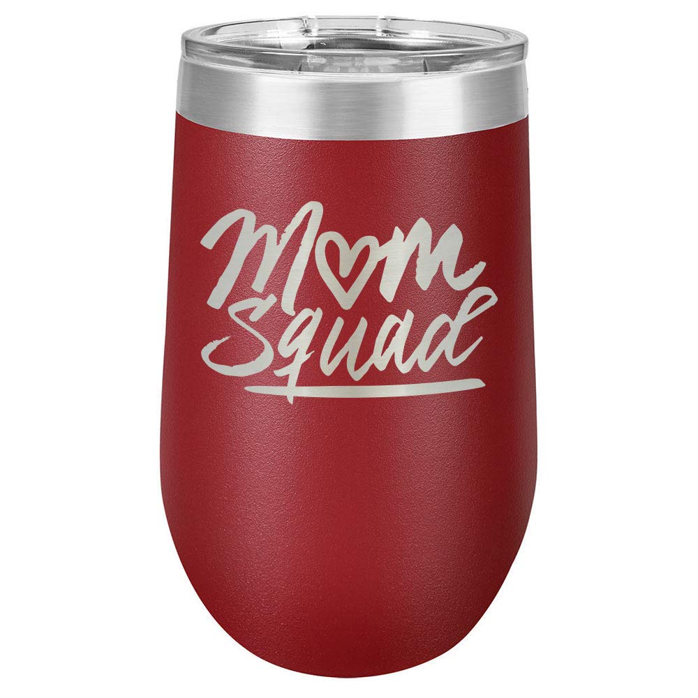 16 oz Insulated Wine Tumbler with Lid - Laser Engraved Funny Quotes | Maroon MOM SQUAD Design | Perfect Mother's Day Gift for Women | Great for Coffee, Tea & Cocktails | OnlyGifts.com