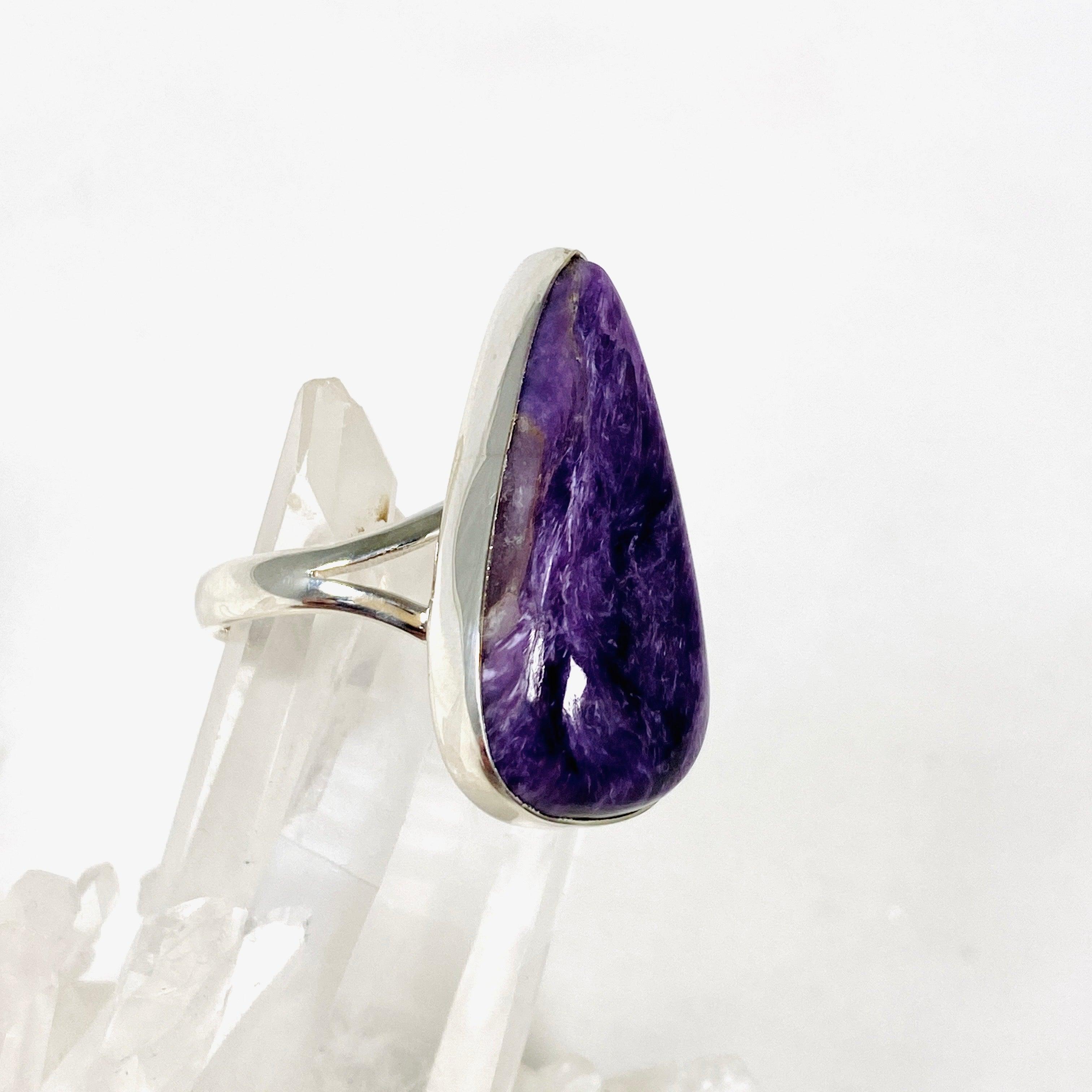 Charoite Teardrop Ring Size 9 - Natural Purple Gemstone Silver Jewelry for Women - Perfect for Gifts, Weddings & Special Occasions