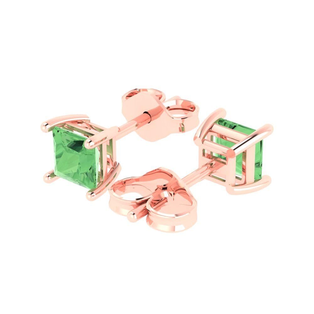 1.0 Carat Princess Cut Green Simulated Diamond Stud Earrings in 14K Rose Gold - Push Back Design for Anniversary, Wedding & Special Occasions