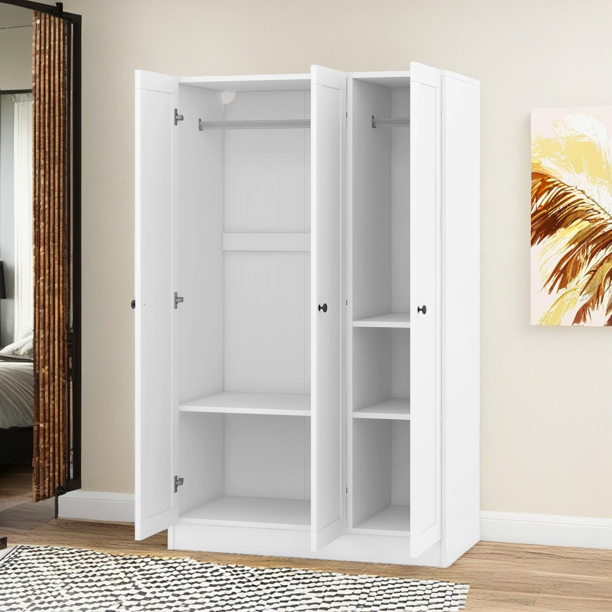 **KELRIA Modern 3-Door Armoire Wardrobe with Shelves & Hanging Rod - Large Freestanding Storage Closet, Wooden Clothes Organizer Cabinet for Bedroom, Guest Room, White - Perfect for Home Organization & Space Saving**