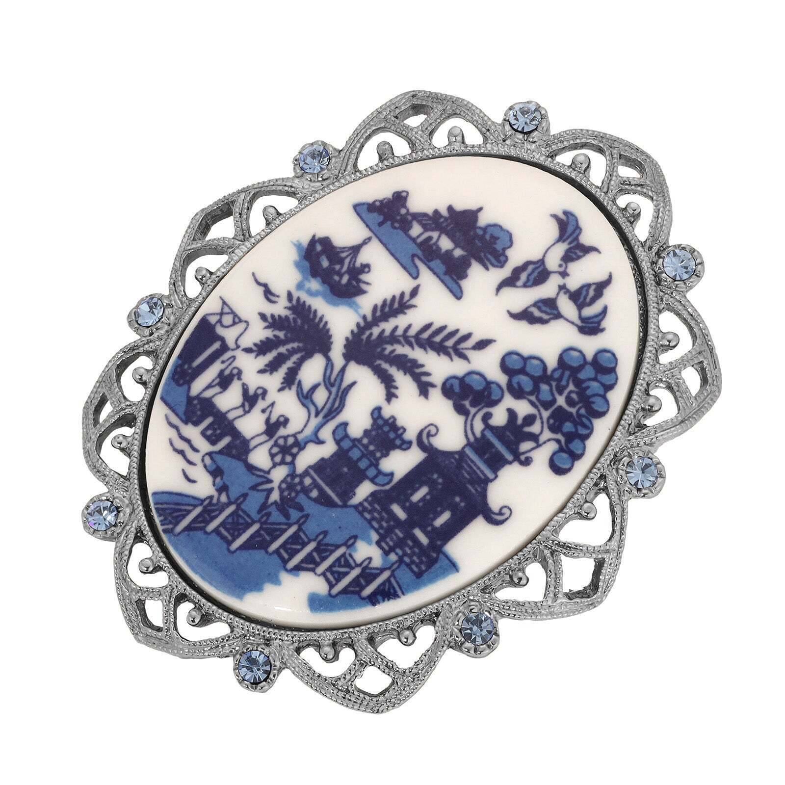1928 Blue Willow Pagoda Light Sapphire Crystal Oval Brooch Pin - Vintage Inspired Jewelry for Women, Perfect for Weddings, Parties & Special Occasions
