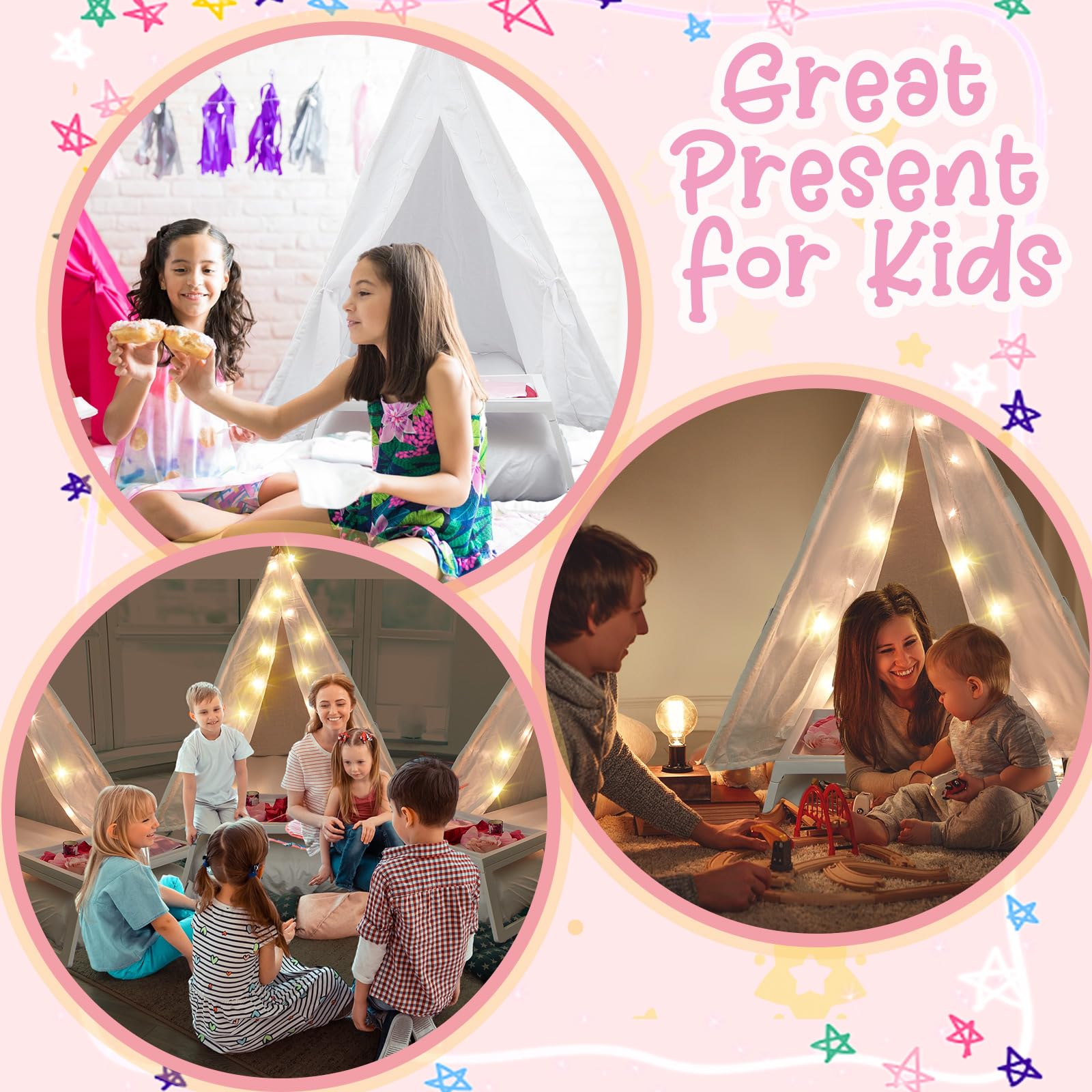 4 Pack Kids Teepee Tent with Mattress, Fitted Sheet & LED Lights - Washable Cotton Play Tent for Girls Sleepover, Birthday Party, Movie Night - Indoor & Outdoor Playhouse (White)