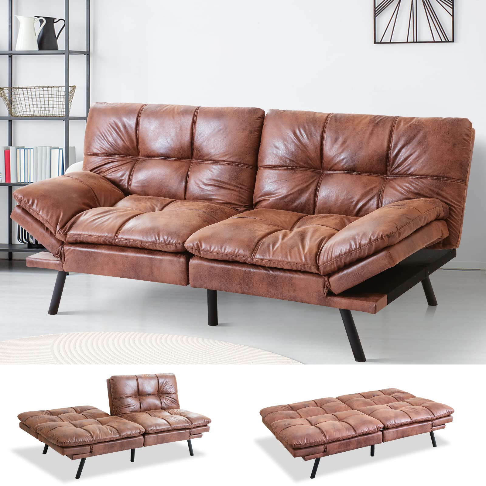 MUUEGM Convertible Futon Sofa Bed with Memory Foam - Modern Sleeper Couch with Adjustable Backrest & Armrests - Brown Sofabed for Small Spaces, Living Room, Office, Guest Room & Studio Apartments