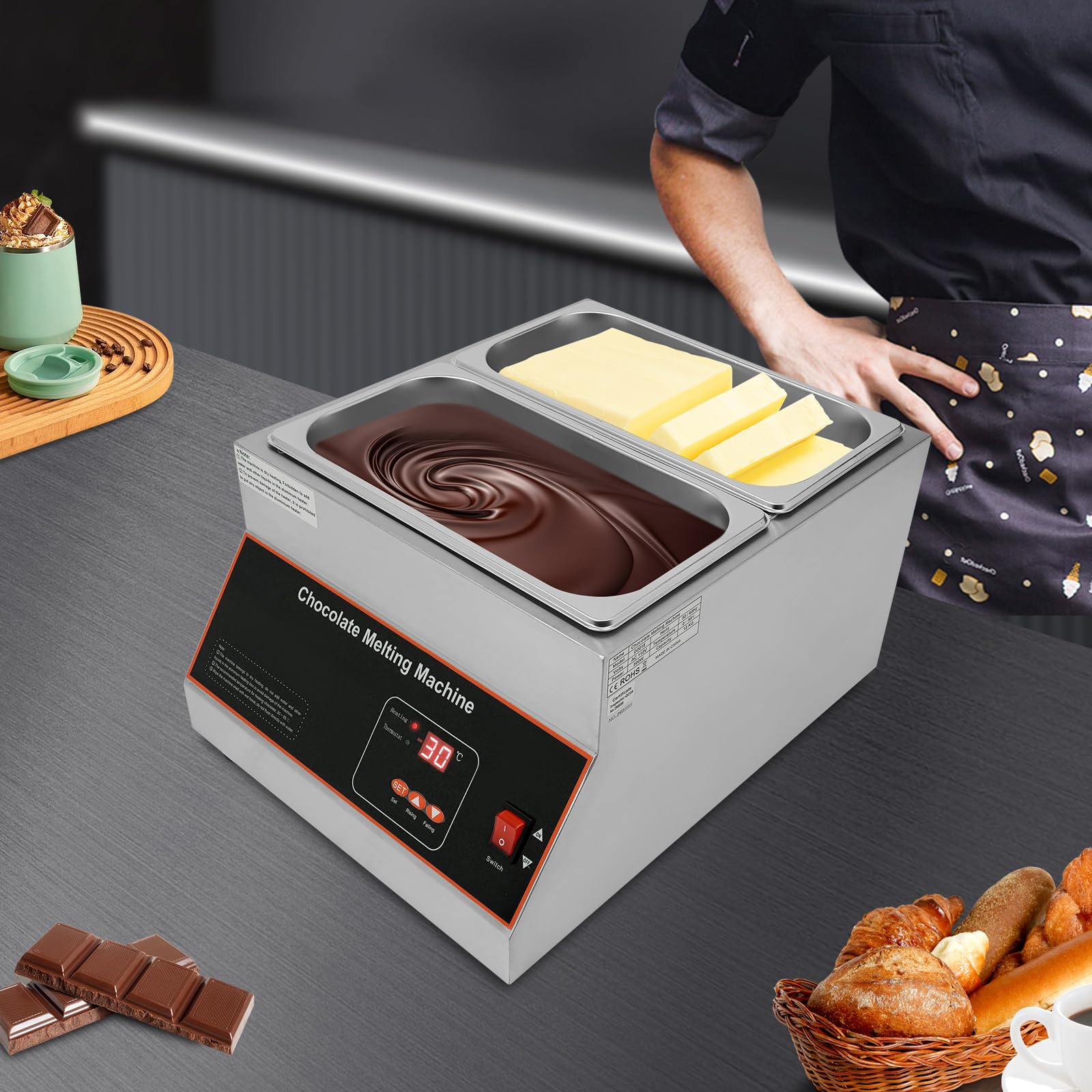 **500W Electric Chocolate Melting & Tempering Machine with Temperature Control - 2 Tanks Commercial Warmer for Chocolate, Milk, Coffee, Cheese & Soup - Perfect for Bakeries, Cafés & Candy Shops**