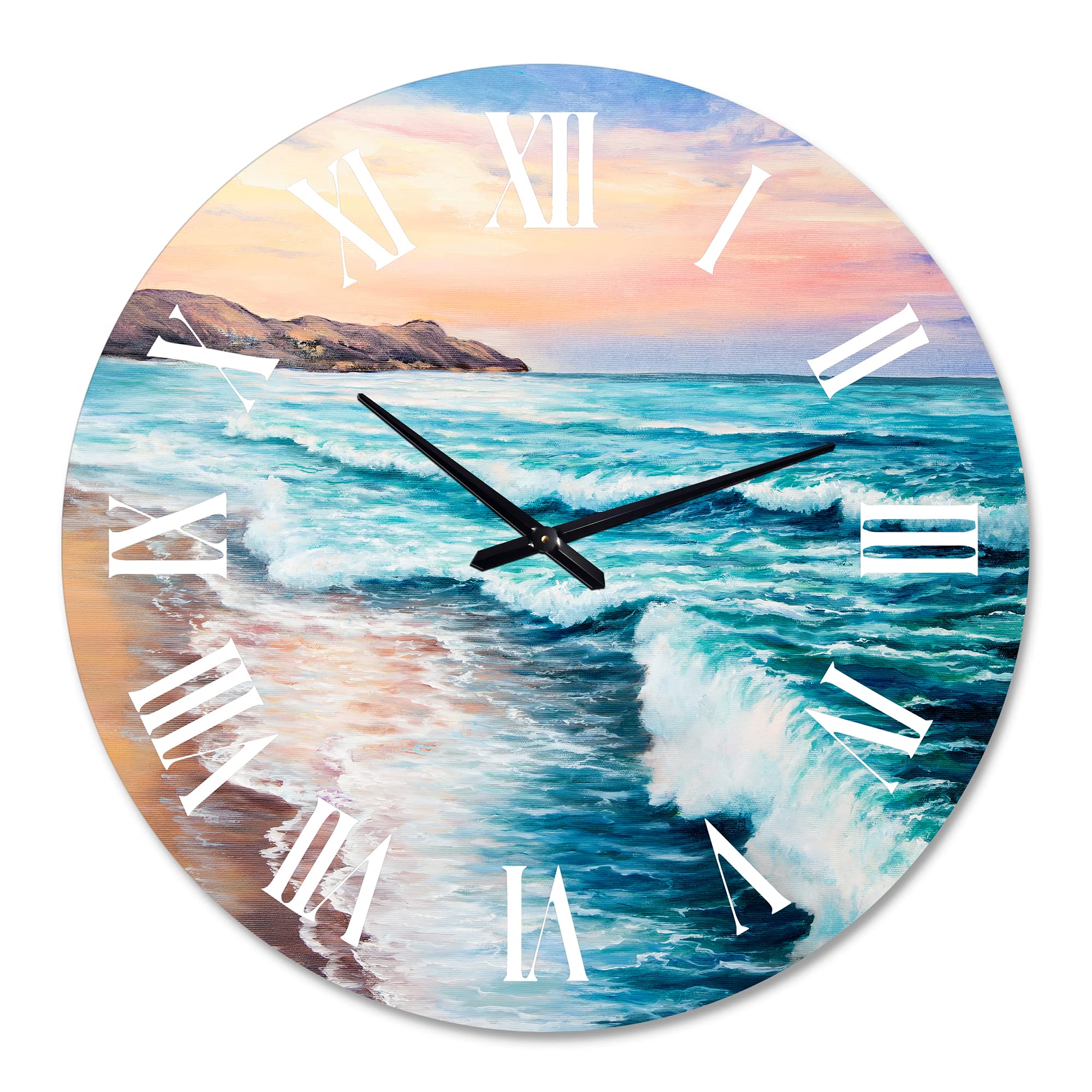 DesignQ Nautical Coastal Wall Clock - Morning Light On Ocean Waves III - Blue Round Clock for Living Room, Kitchen, Office - Perfect for Beach House & Coastal Decor