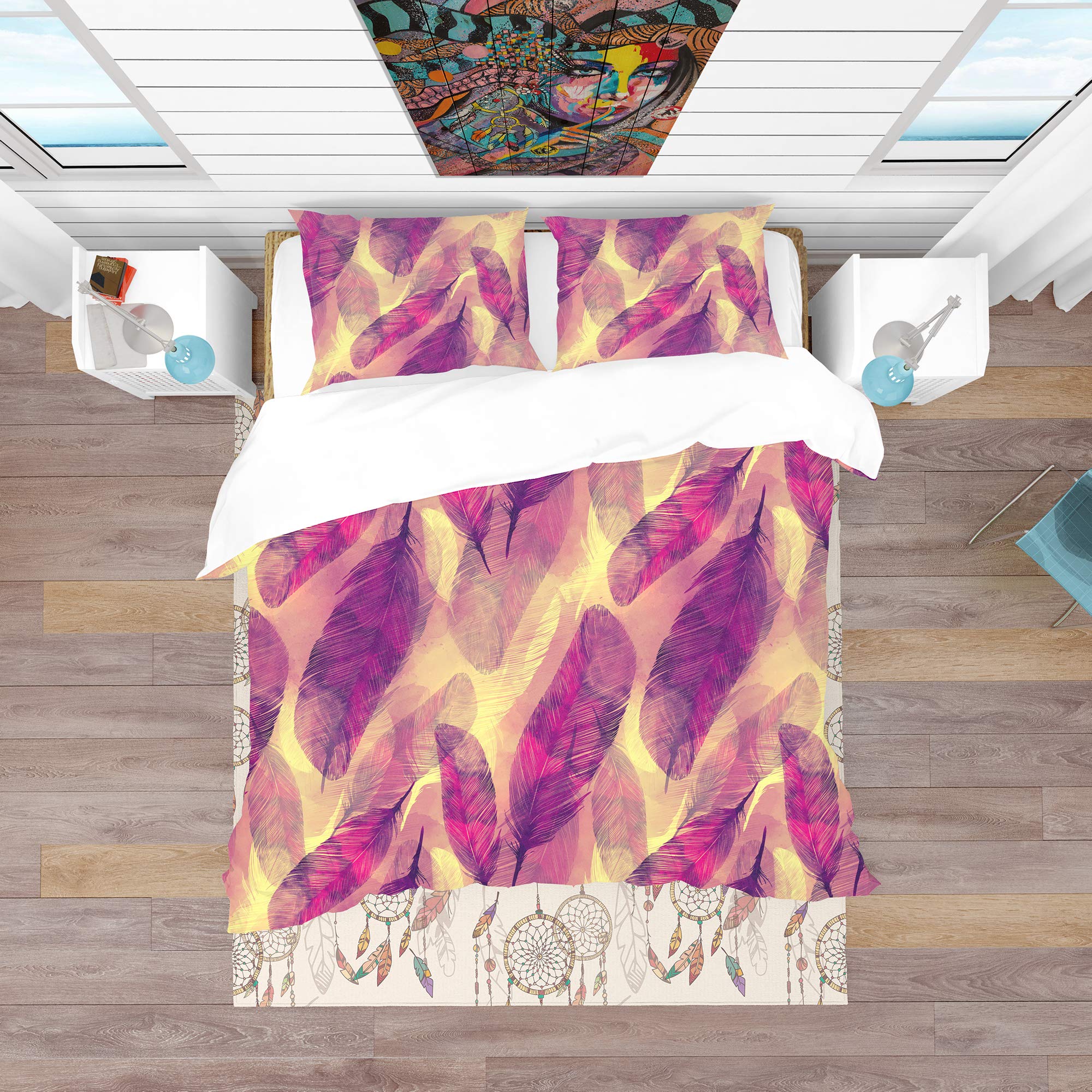 DesignQ Feathers Boho Pattern Modern & Contemporary Duvet Cover Set - King Size 3-Piece Bedding in Purple | All-Season Luxury Bedding for Bohemian & Modern Bedrooms
