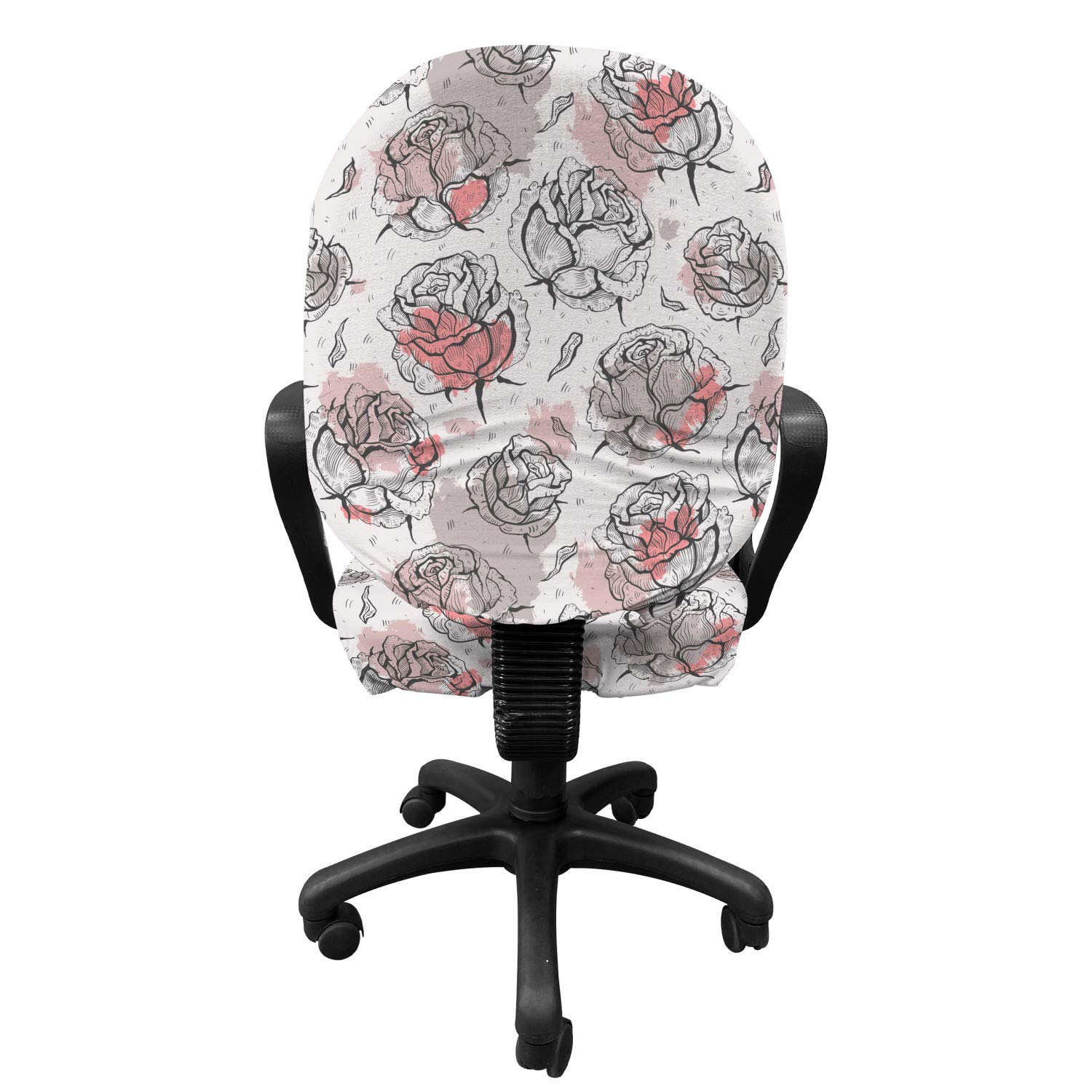Ambesonne Rose Office Chair Slipcover - Romantic Floral Stretch Fabric Cover with Pastel Paint Blots in Pale Rose Coral Grey | Perfect for Home Office, Study Room & Workspace Decor