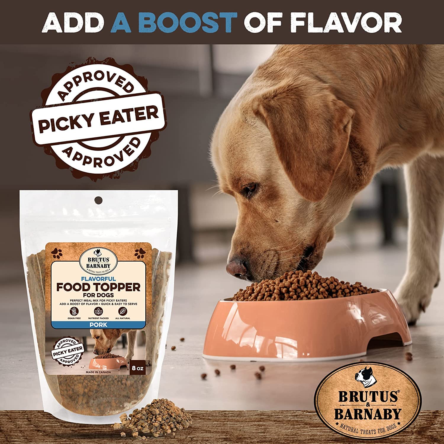 BRUTUS & BARNABY Natural Pork Dog Food Topper - Single Ingredient Bacon Flavor Enhancer for Picky Eaters - Sprinkle on Kibble to Boost Appetite & Nutrition - Perfect for Mealtime, Training Treats & Senior Dogs