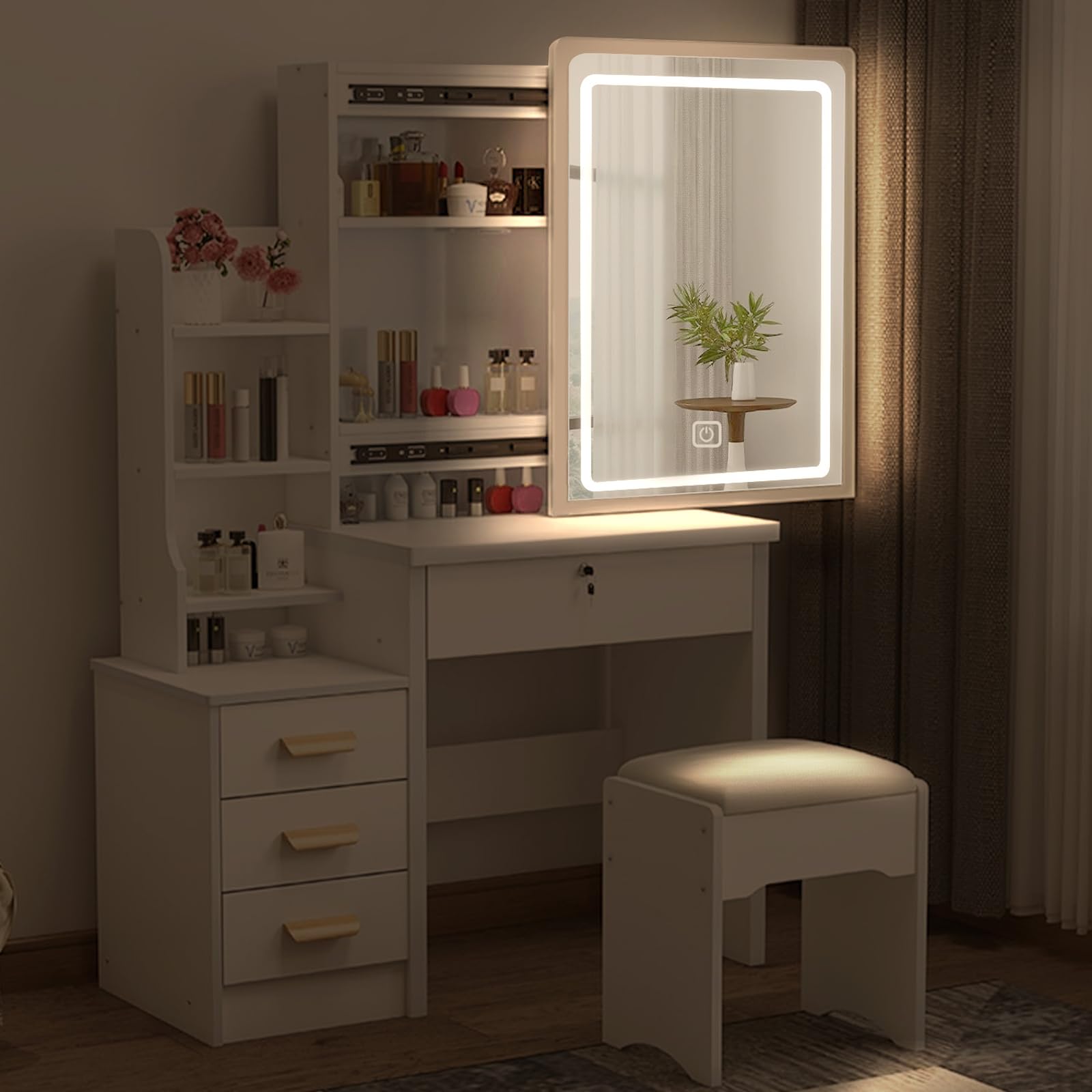 WIIS' IDEA Vanity Desk with LED Lights - Makeup Vanity with Mirror, 4 Drawers & Storage Shelves, Extra Large Sliding Mirror, 3 Lighting Modes & Adjustable Brightness - Perfect for Bedroom, Dressing Room & Beauty Salon Makeup Application