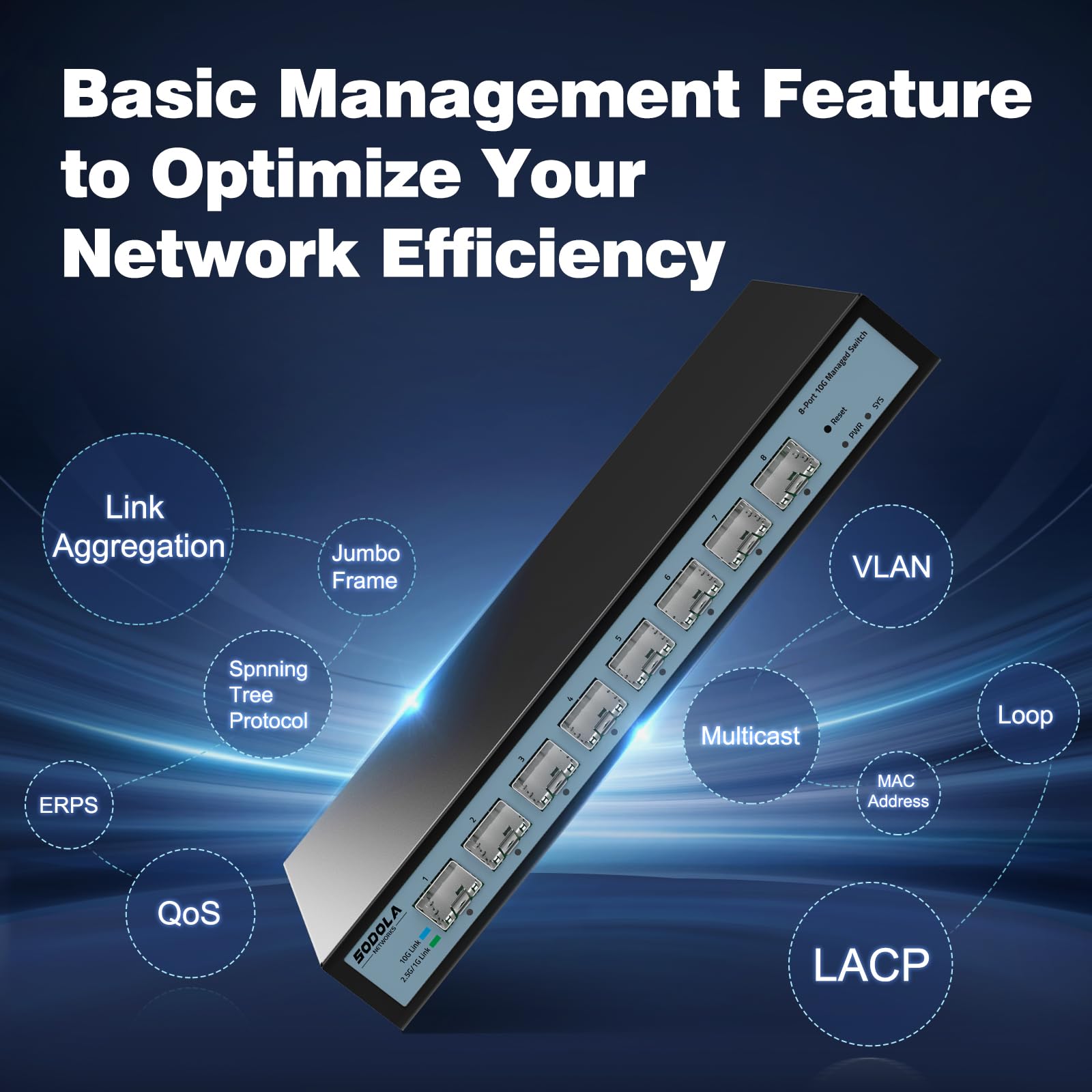 SODOLA 8-Port 10G Web Managed Network Switch with 8X10G SFP+ Ports - Link Aggregation, QoS, VLAN, IGMP Support | Fanless Wall-Mounted 10Gb Multi-Gig Switch for Data Centers, Office Networks & Home Server Setups