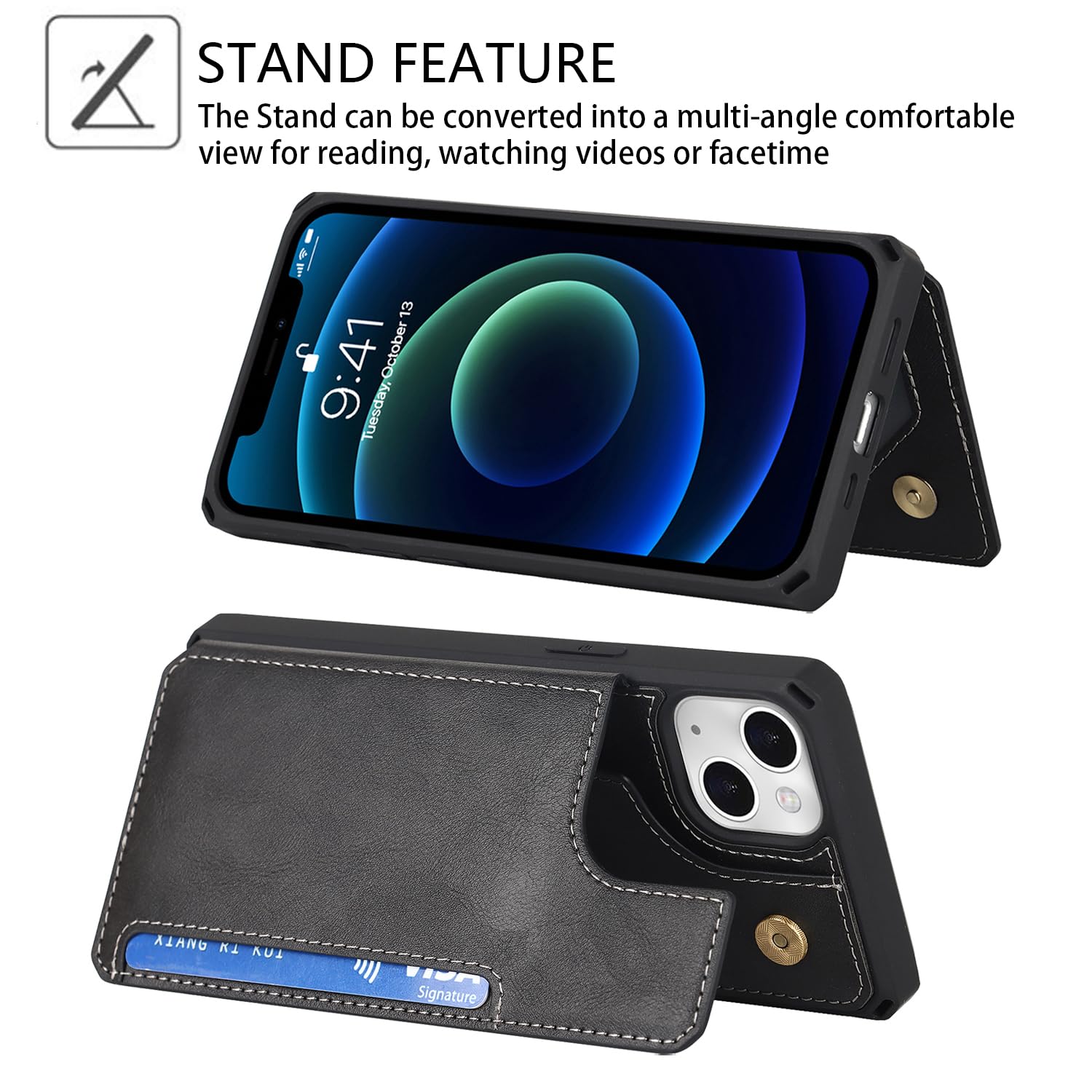 Premium Leather iPhone 13 Wallet Case with Card Holder & Stand - Shockproof Protective Phone Cover for Women & Men | Perfect for Travel, Work & Everyday Use (Black)