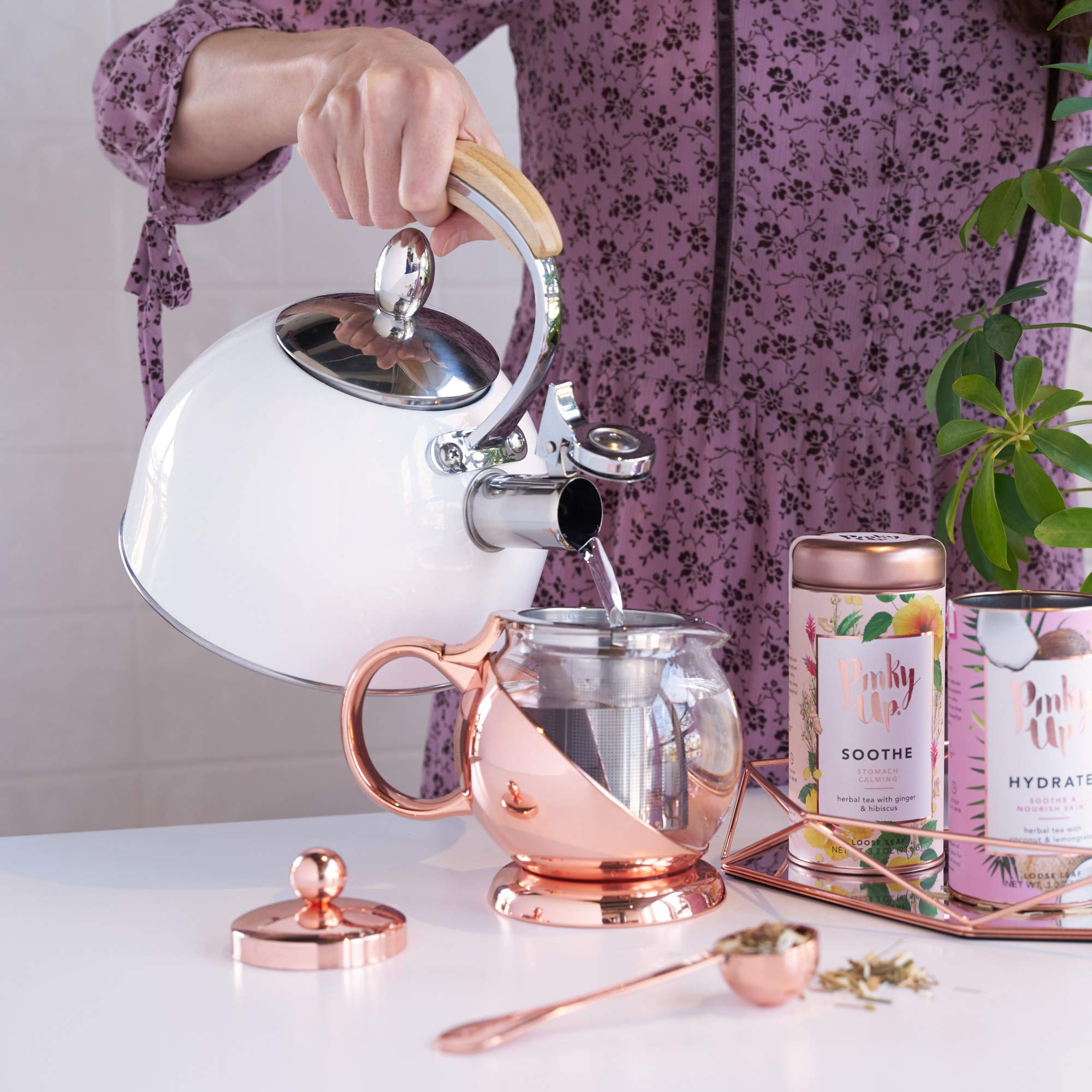 Pinky Up Presley 70 oz Stainless Steel Whistling Tea Kettle - Fast Boiling Stovetop Kettle with Wooden Handle & Rose Gold Finish - Perfect for Tea Lovers, Kitchen Decor & Gift Giving