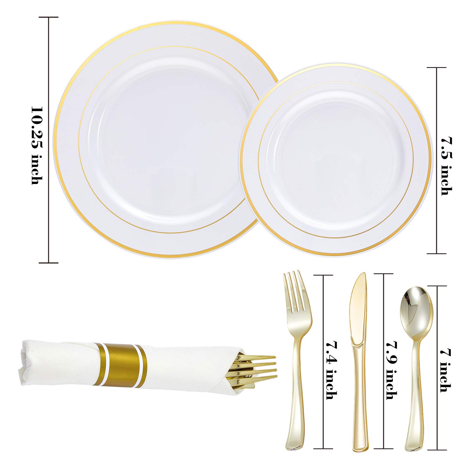 Premium Gold Plastic Plates & Disposable Silverware Set with Rolled Napkins - 72pc Heavy Duty Plastic Dinnerware for 12 Guests (12 Dinner Plates, 12 Dessert Plates, 48 Napkins & Cutlery) - Perfect for Home Parties, Weddings, Baby Showers & Outdoor Events