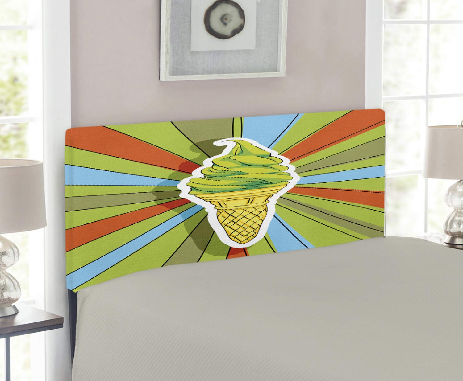 Ambesonne Upholstered Metal Headboard with Memory Foam - Hand-Painted Ice Cream Cone Design with Colorful Rays - Twin Size Bed Frame in Lime Green & Multicolor - Perfect for Kids' Rooms, Teen Bedrooms & Whimsical Home Decor
