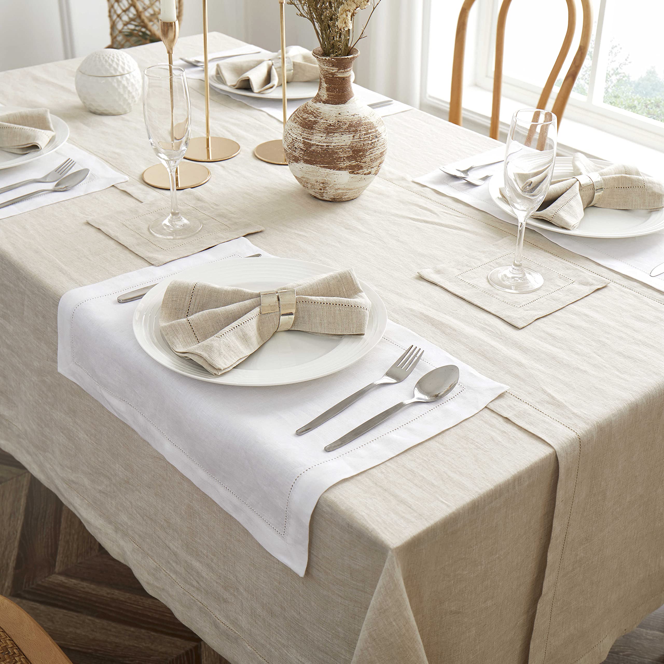 60 x 102 Inch Hemstitch Tablecloth - Washable Rectangular Linen Table Cover for Farmhouse, Kitchen, Dining, Outdoor | Perfect for Easter, Thanksgiving, Weddings & Party Decorations | Natural Burlap Fabric