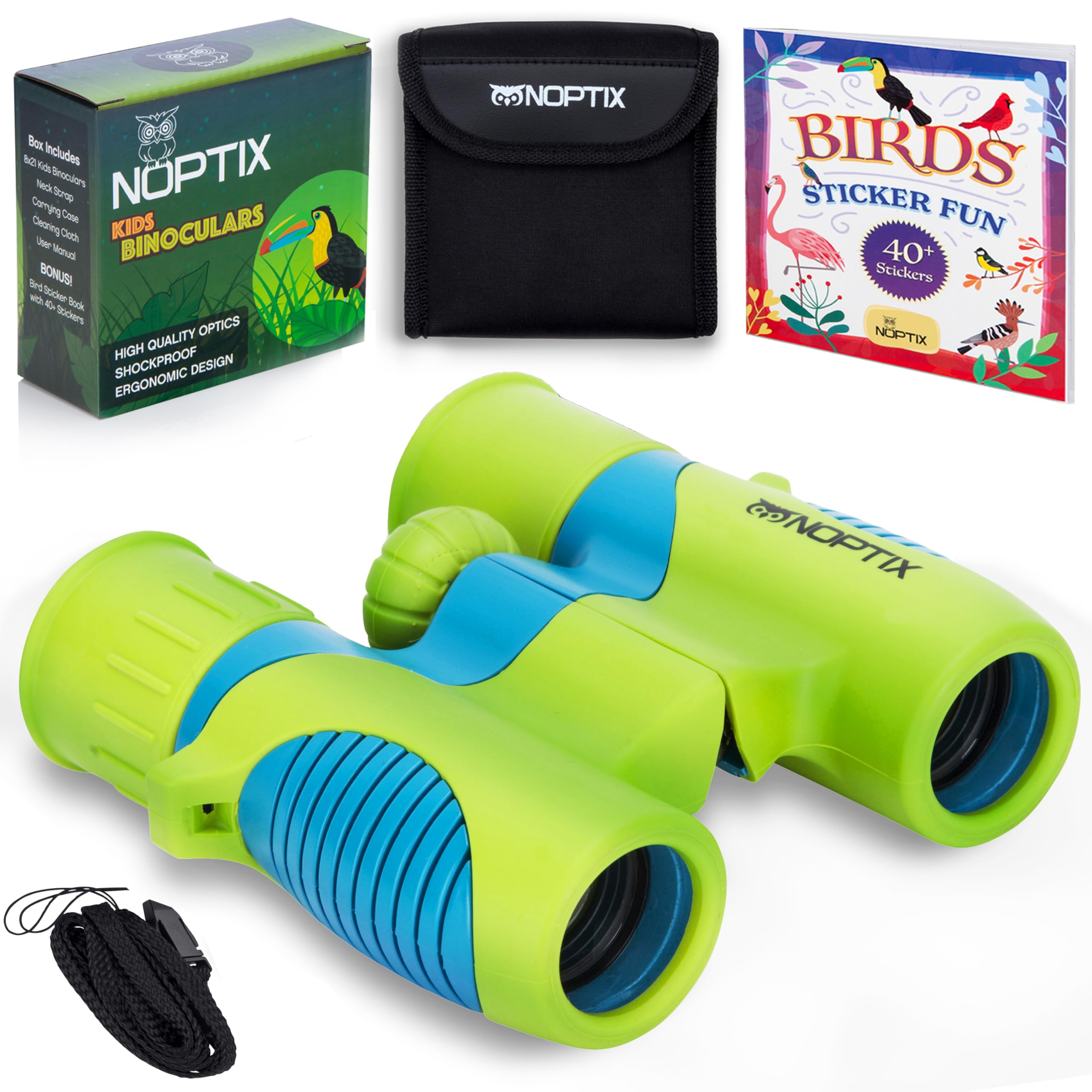 Kids Binoculars for Bird Watching - Real Binoculars for Boys & Girls Ages 3-8 with 40 Bird Stickers - Outdoor Exploration Toy for Hiking, Camping & Nature Adventures (Green/Blue)