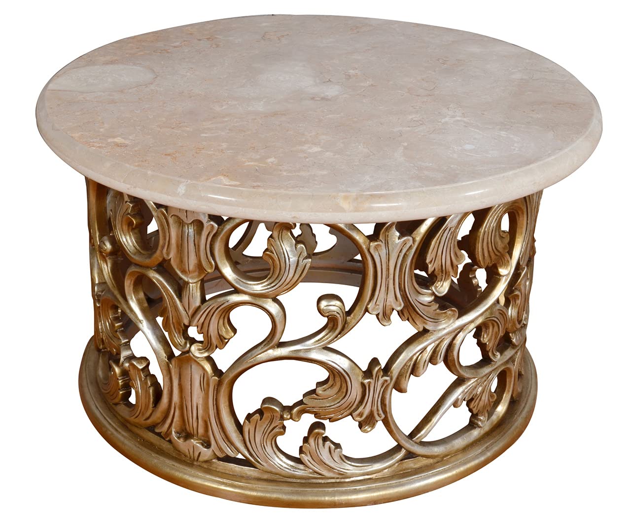 Round Coffee Table with Silver Platina Frame and Cream Marble Top - Modern Living Room Centerpiece for Home Decor