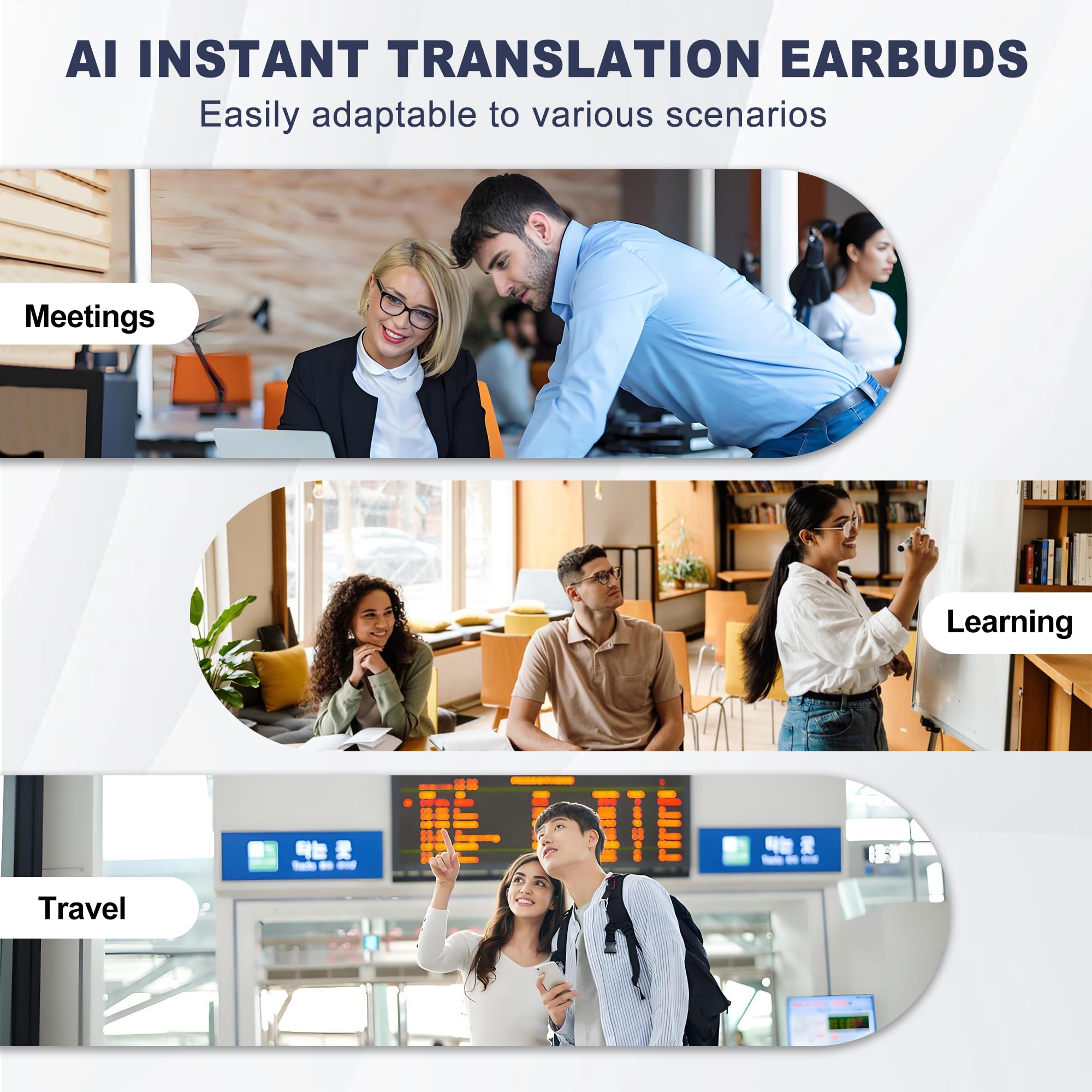 Wireless Earbuds with AI Real-Time Language Translation - 3-in-1 Bluetooth Headphones with HD Sound & 75Hrs Playtime for Business Meetings, Language Learning & International Travel (White, No Subscription Fee) - Perfect for Multilingual Conversations & Hands-Free Calls