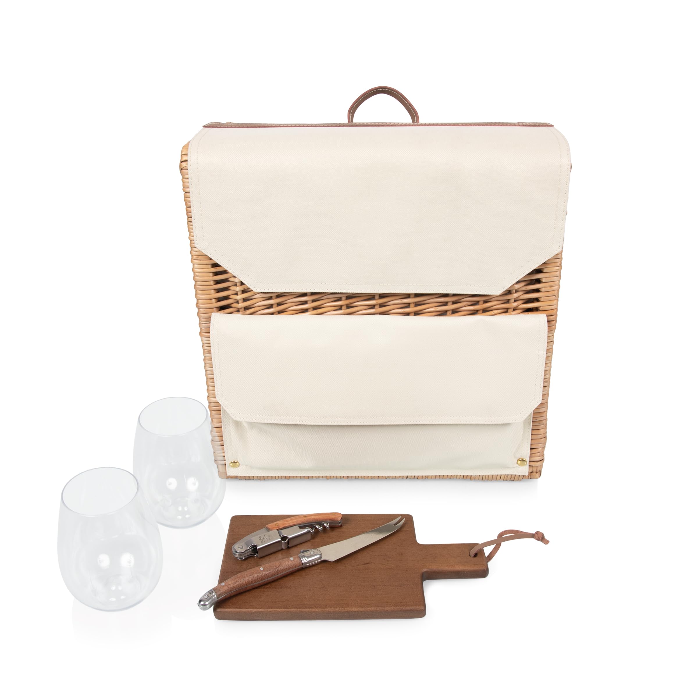 PICNIC TIME Corsica Grande Wine & Cheese Basket Backpack - Insulated Wine Tote Bag with Cheese Board - Perfect Gift for Wine Lovers (Beige Canvas) - Ideal for Picnics, Outdoor Gatherings & Wine Tasting Events
