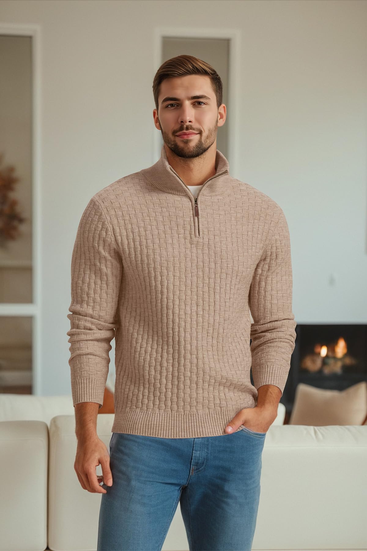 Askdeer Men's Quarter Zip Waffle Knit Pullover Sweater - Mock Neck Ribbed Casual Polo Shirt for Work, Travel & Outdoor Activities