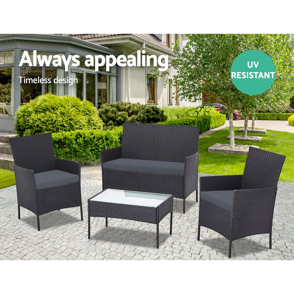 4-Piece Outdoor Rattan Sofa Set with Table - Black Patio Garden Furniture for Backyard, Poolside & Terrace Relaxation