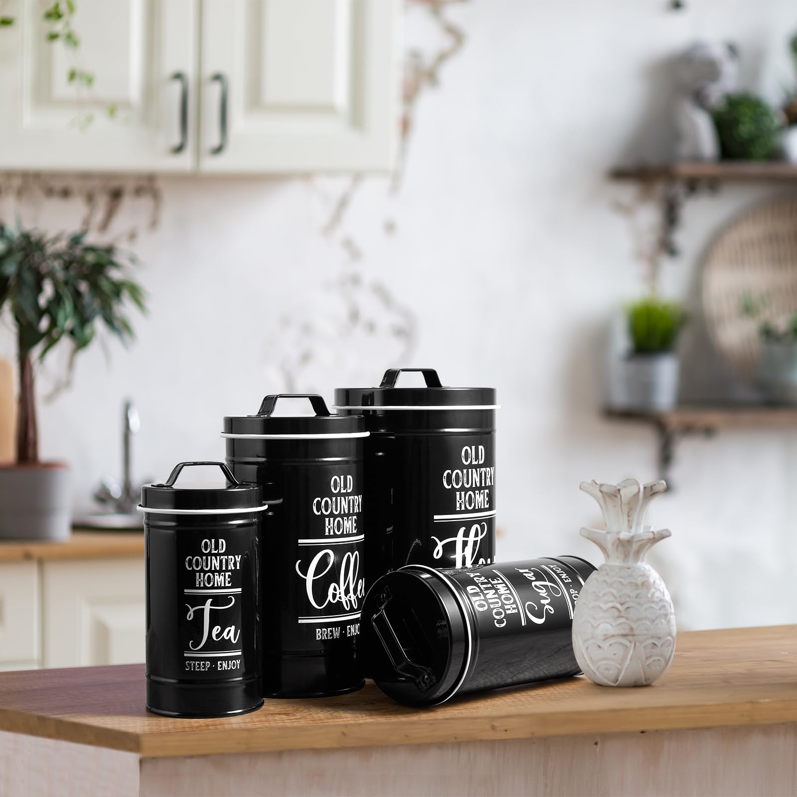 Black Airtight Kitchen Canisters Set of 4 - Flour, Sugar, Tea & Coffee Storage Containers for Countertop, Modern Black Kitchen Decor and Accessories for Baking and Organizing