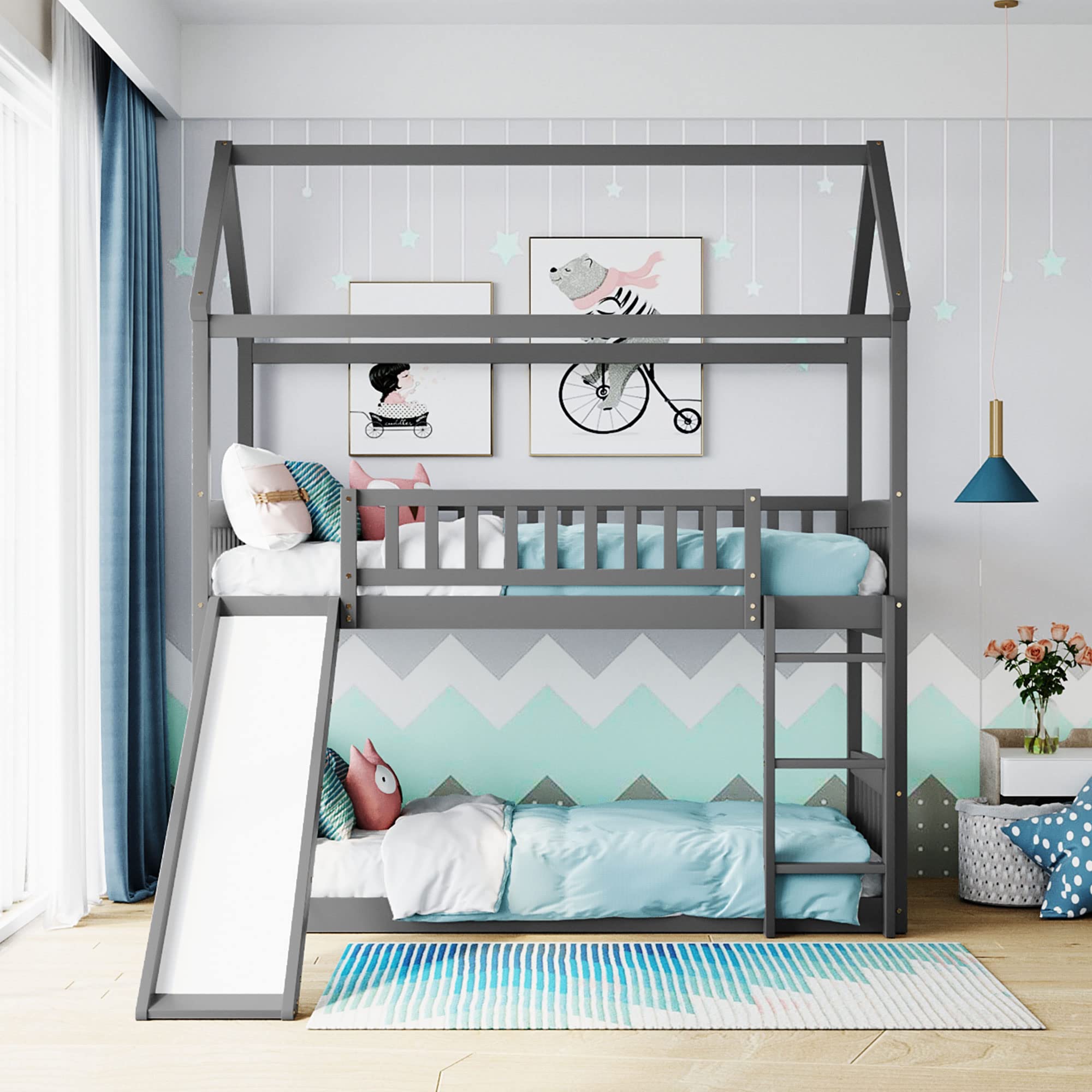 Twin Over Twin Bunk Bed with Slide - Kids House Bunk Bed Frame in Grey | Space-Saving Loft Bed for Small Rooms | Perfect for Siblings Sharing Bedroom or Sleepovers