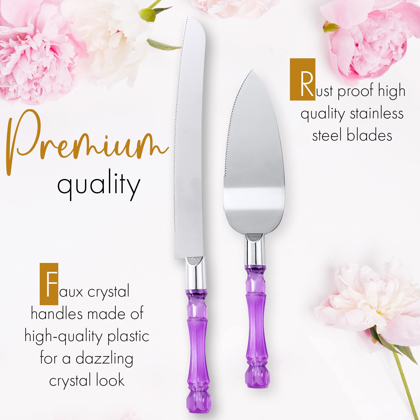 Premium Acrylic Crystal Handle Cake Knife and Server Set - Elegant Cake Cutter & Pie Spatula for Wedding, Birthday, Party Desserts (Purple Silver) - Perfect for Cake Cutting Ceremonies, Buffet Serving & Special Occasions