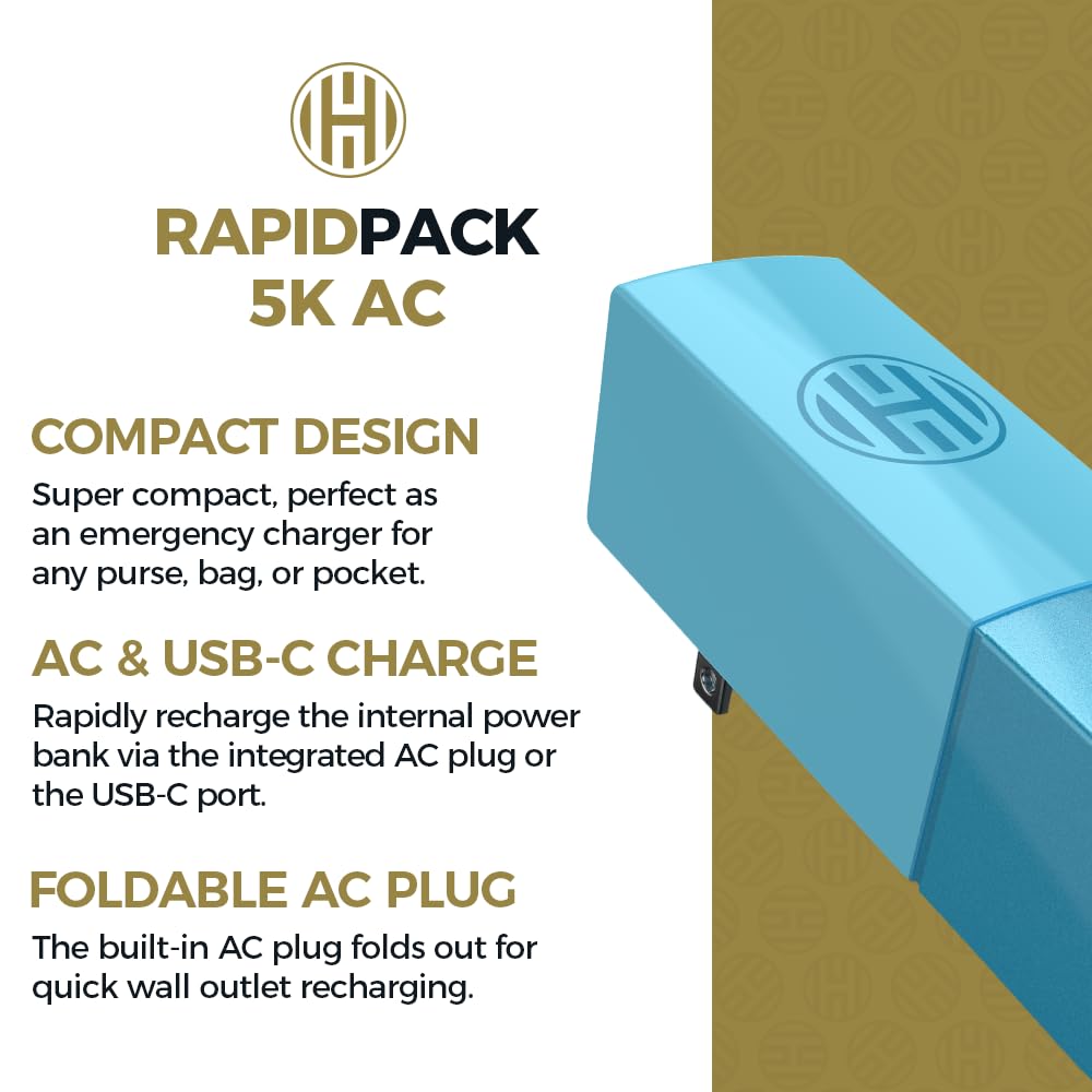 Halo RapidPack 5000AC Wall Charger & Power Bank - Portable Charger with Built-in AC Plug, USB & USB-C Fast Charging for iPhone, Samsung, iPad - Compact Travel Charger TSA Approved - Aqua Blue | Perfect for Air Travel, Camping & Emergency Power Backup