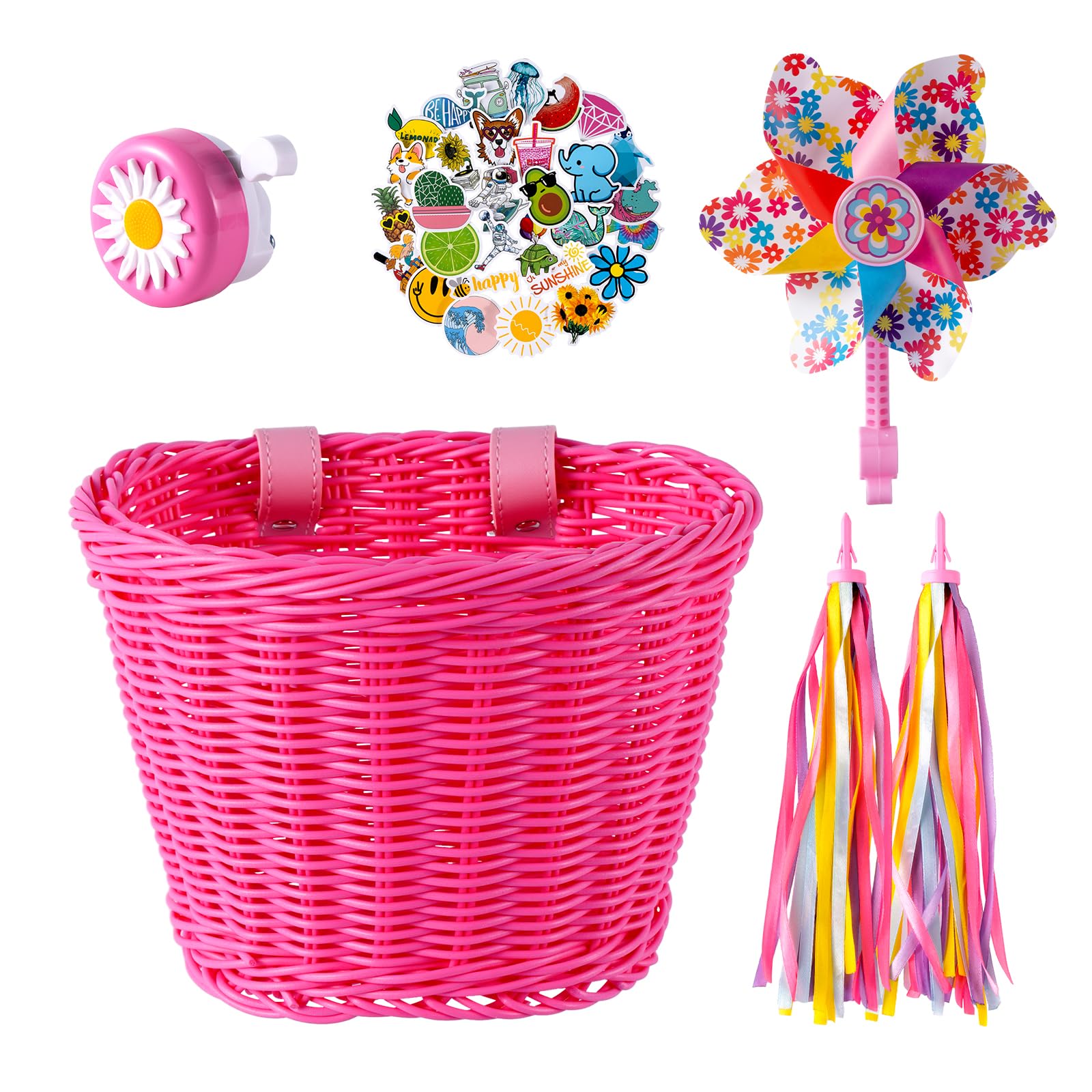 Kids Bike Basket - Front Woven Bicycle Basket with Stickers, Bell, Windmill & Colorful Ribbon Tassels for Boys & Girls - Perfect for School Commutes, Park Rides & Neighborhood Adventures