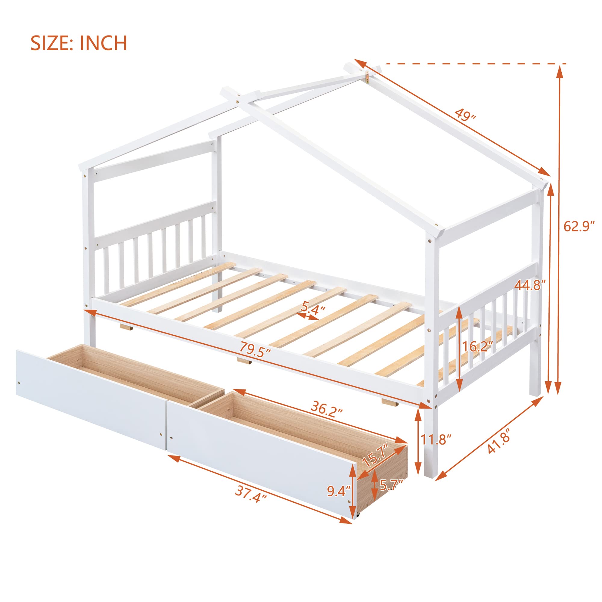 Twin Size Wooden House Bed with 2 Storage Drawers - Montessori Kids Bed Frame, Playhouse Tent Bed for Girls, Boys & Teens - White - Perfect for Small Bedrooms, Playrooms & Montessori Learning Spaces