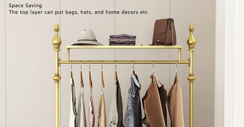 Gold Industrial Clothing Rack - Heavy Duty Freestanding Garment Rack with Double Shelves | Movable Metal Coat Rack for Organizing Clothes & Shoes | Perfect for Bedroom Closet, Retail Store Display & Laundry Room Organization