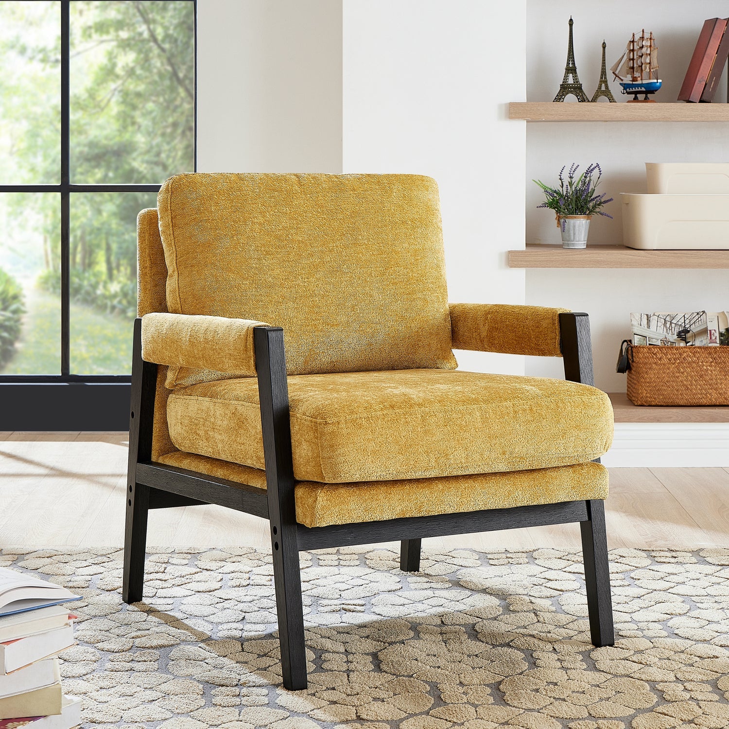 Roundhill Furniture Kelly Mid Century Modern Chenille Upholstered Accent Armchair - Stylish Living Room Chair for Home Office, Lounge & Reading Nook