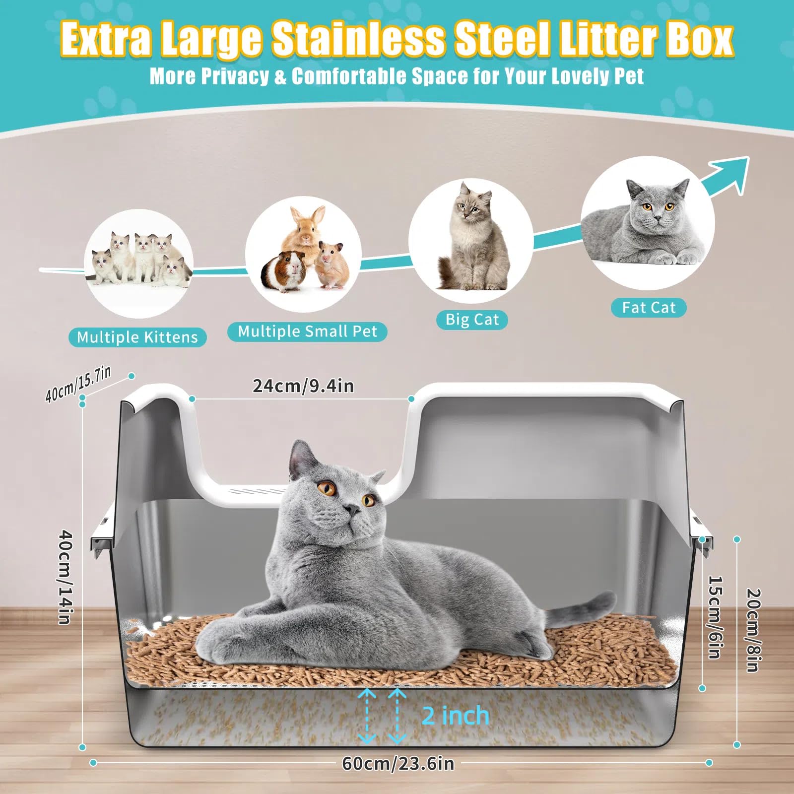 XL Stainless Steel Sifting Cat Litter Box with Sifting Tray & Bottom Pan - High Sided, No Mess, Odor Control, Easy Clean Metal Litter Box with Scoop & 10 Liners - Perfect for Multi-Cat Homes & Odor-Sensitive Spaces