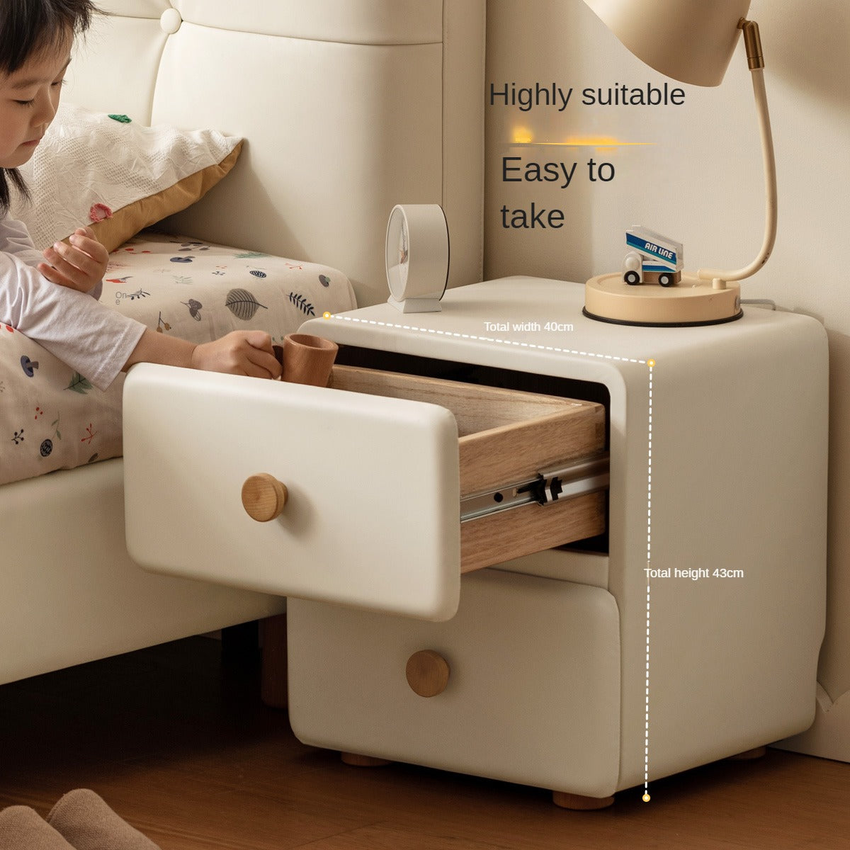 Organic Leather Cream Kids Nightstand - Stylish & Durable Bedside Table for Children's Room | Perfect for Bedrooms, Nurseries & Playrooms