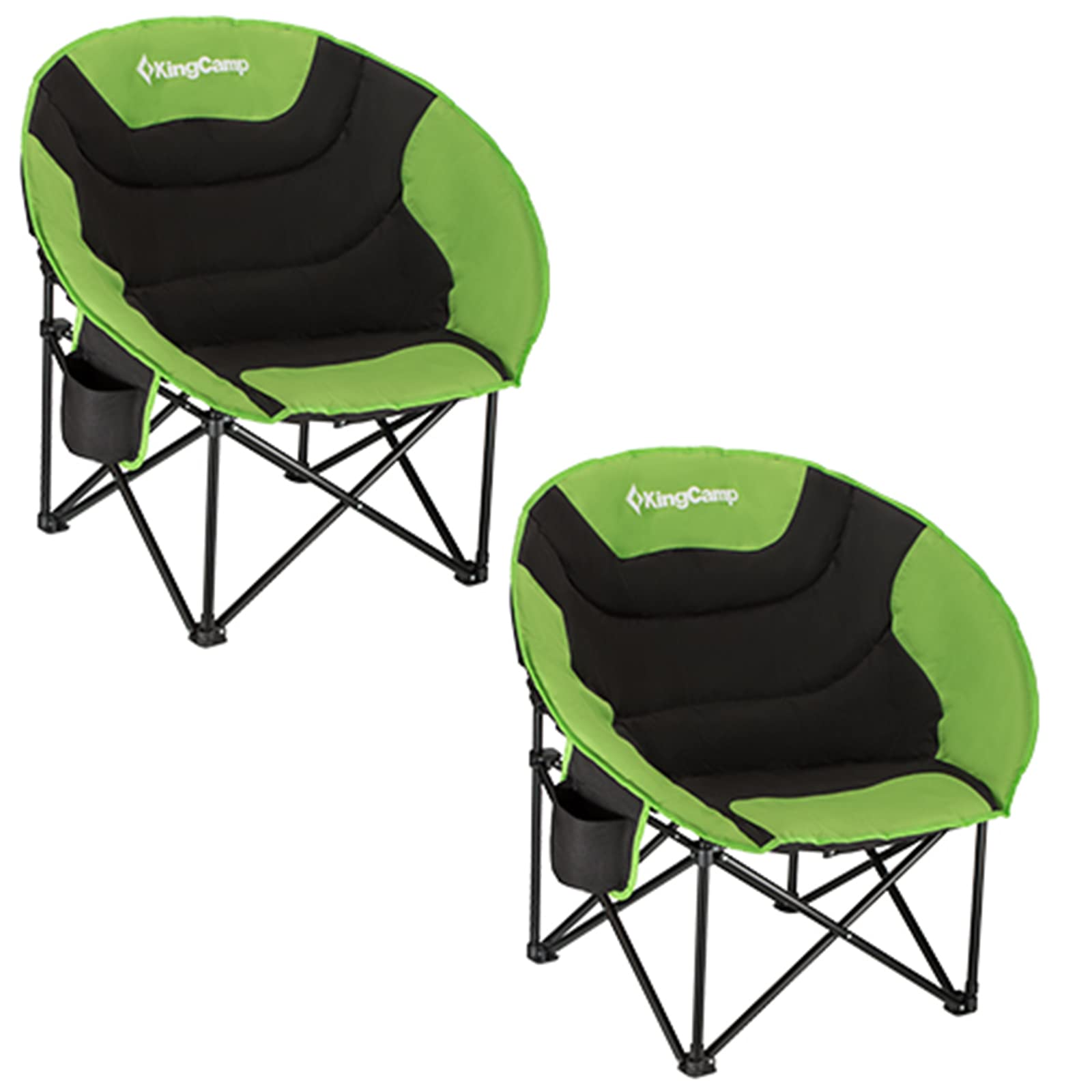KingCamp 2 Pack Oversized Padded Moon Saucer Camping Chairs - Portable Folding Chairs with Cup Holder & Storage Bag for Outdoor Camping, Hiking, Fishing, Beach, Picnics, Backyard (Black & Green)