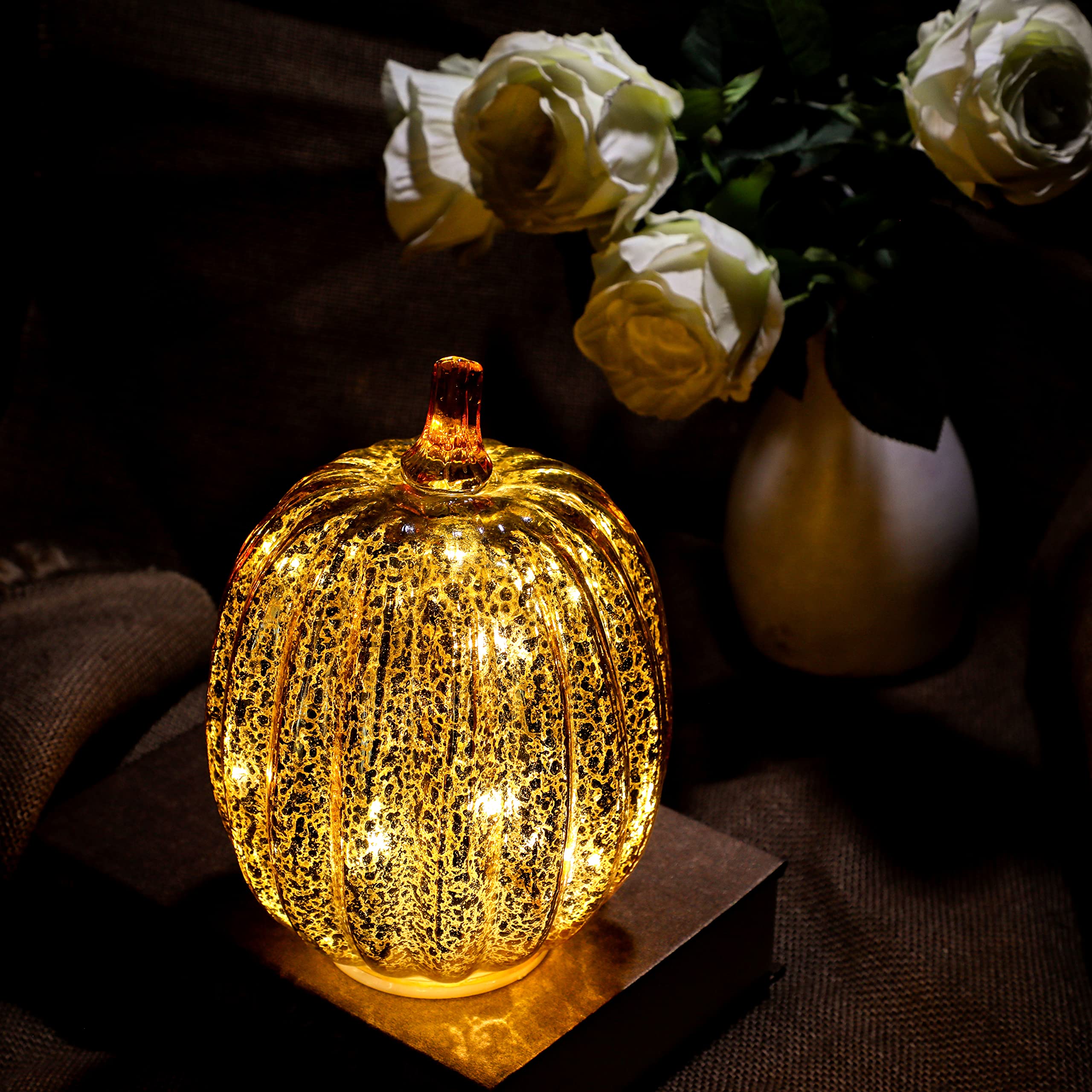 Romingo Set of 3 Halloween Mercury Glass Pumpkin Lights with Timer - Gold Fall & Thanksgiving Decor for Home, Porch, and Party Decoration
