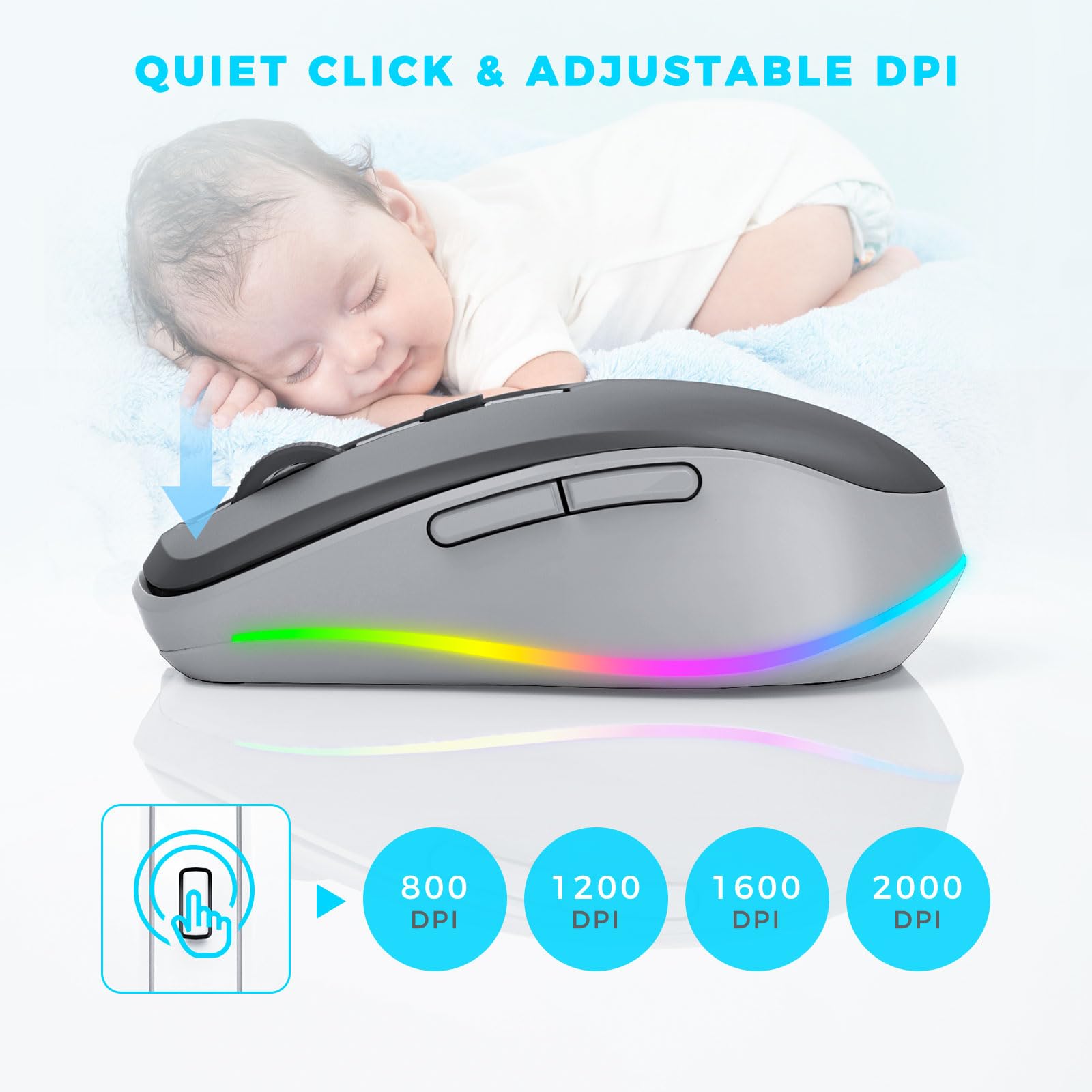 PEIOUS Wireless Mouse Jiggler - Undetectable Random Movement USB Mouse with Built-in Mover, Rechargeable Silent Mouse for Laptop/PC to Keep Computer Awake (Black & Grey) - Perfect for Remote Work, Online Meetings & Preventing Screen Lock