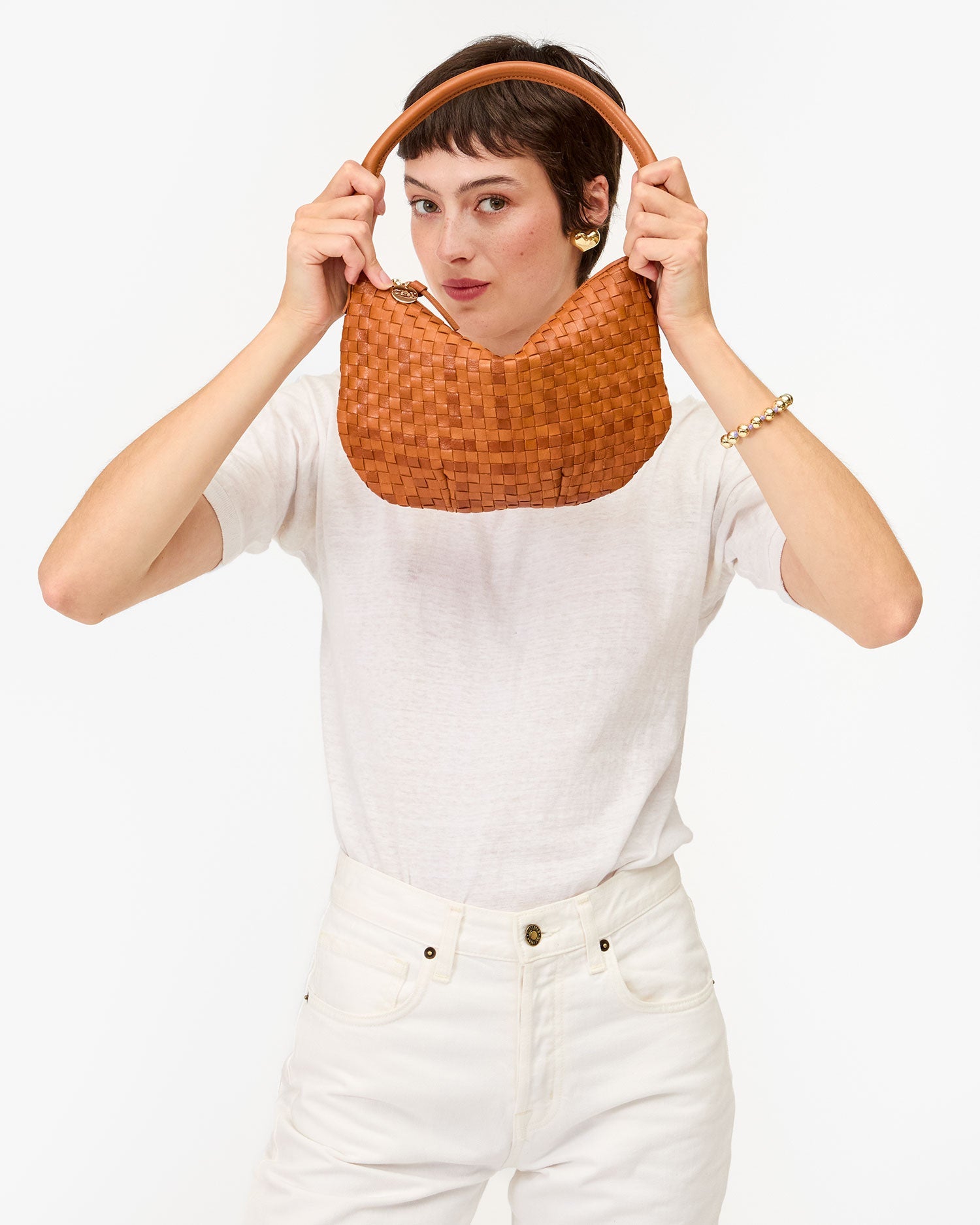 Petit Moyen Natural Woven Checker Pattern Zipper Pouch - Perfect for Travel, Makeup & Daily Essentials Organization