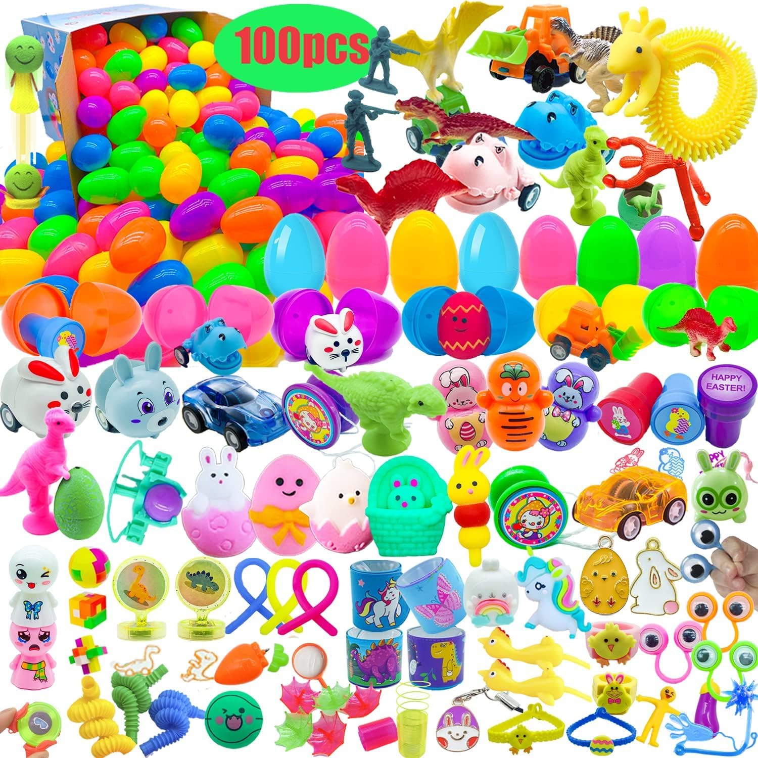 100 Pcs Colorful Prefilled Easter Eggs with Assorted Novelty Toys - Easter Basket Stuffers, Party Favors & Egg Hunt Prizes for Kids - Perfect for Easter Celebrations, Classroom Activities & Birthday Parties