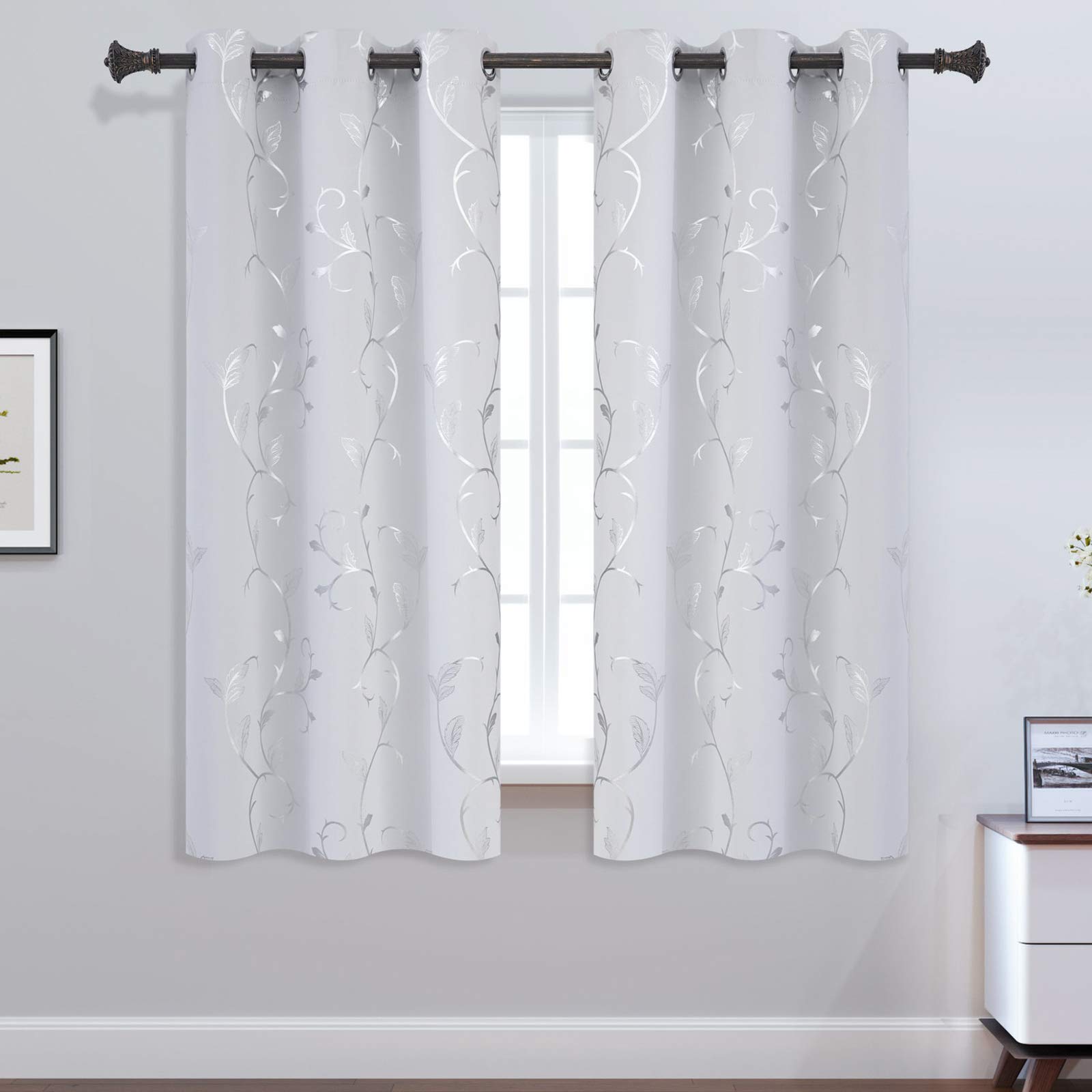 BUHUA Greyish White Blackout Curtains with Shiny Silver Vine Print - Thermal Insulated Room Darkening Drapes for Bedroom (38