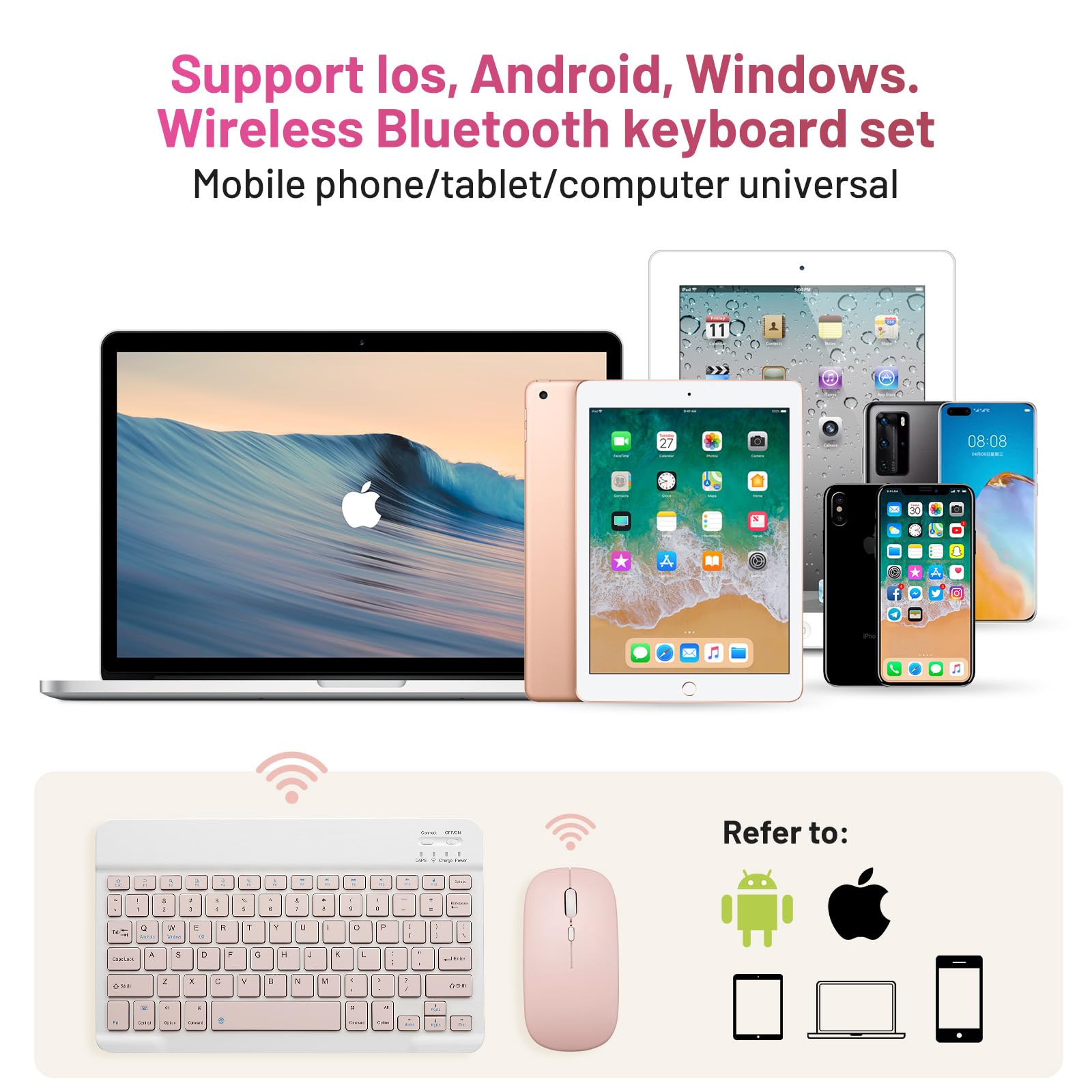 Rechargeable Wireless Bluetooth Keyboard and Mouse Combo for Apple iPad iPhone iOS 13+, Samsung Tablet, Android & Windows Devices - Portable 10-inch Pink Set for Home Office, Travel & Remote Work