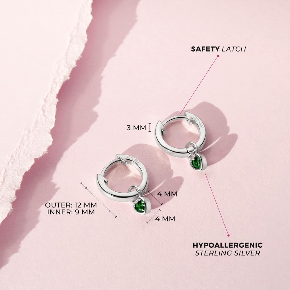 925 Sterling Silver Petite Heart Hoop Earrings with Cubic Zirconia Birthstones - 12mm Dainty Charm Earrings for Girls & Teens - Perfect Birthday Gift, Christmas Present & Everyday Jewelry for Young Women