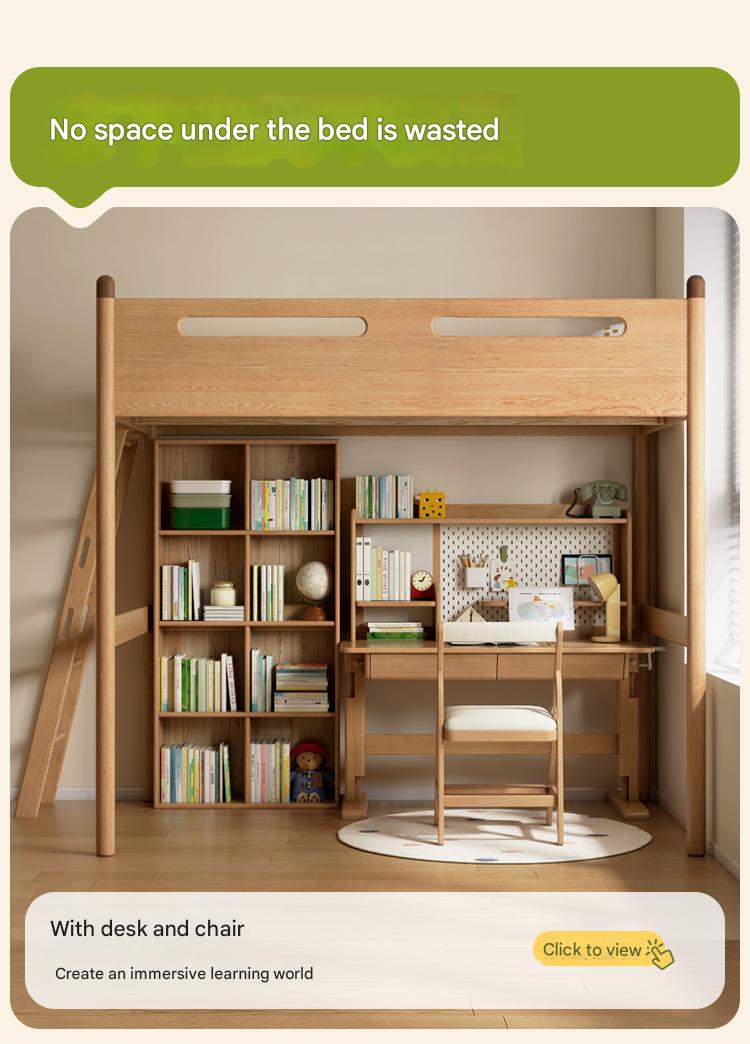 Solid Oak Wood Loft Bed with Storage Cabinet - Space-Saving Furniture for Small Rooms, Kids Bedroom & Dormitory