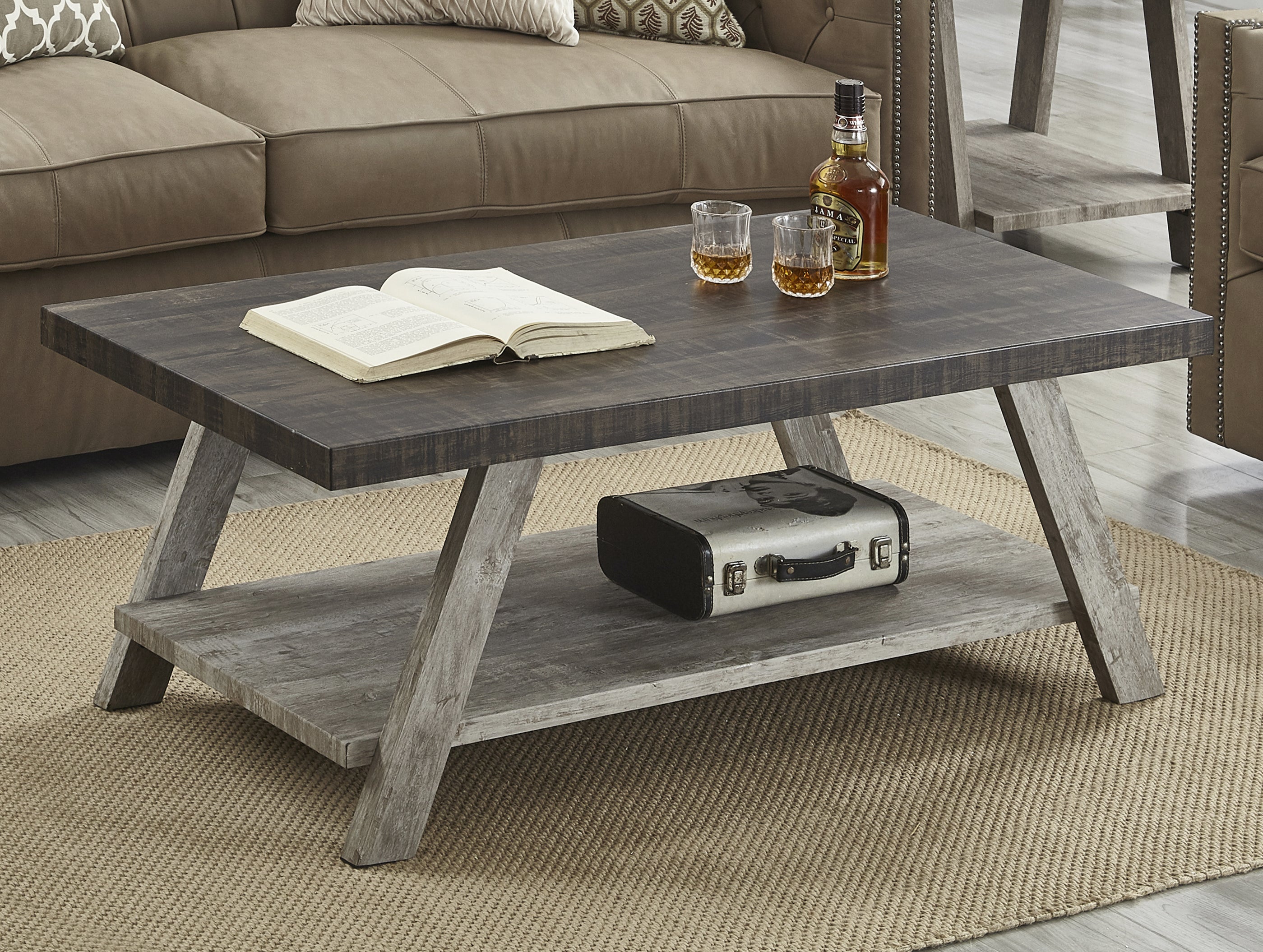 Roundhill Furniture Athens Contemporary Two-Tone Wood Shelf Coffee Table in Weathered Walnut & Gray - Modern Living Room Centerpiece for Books, Decor & Drinks